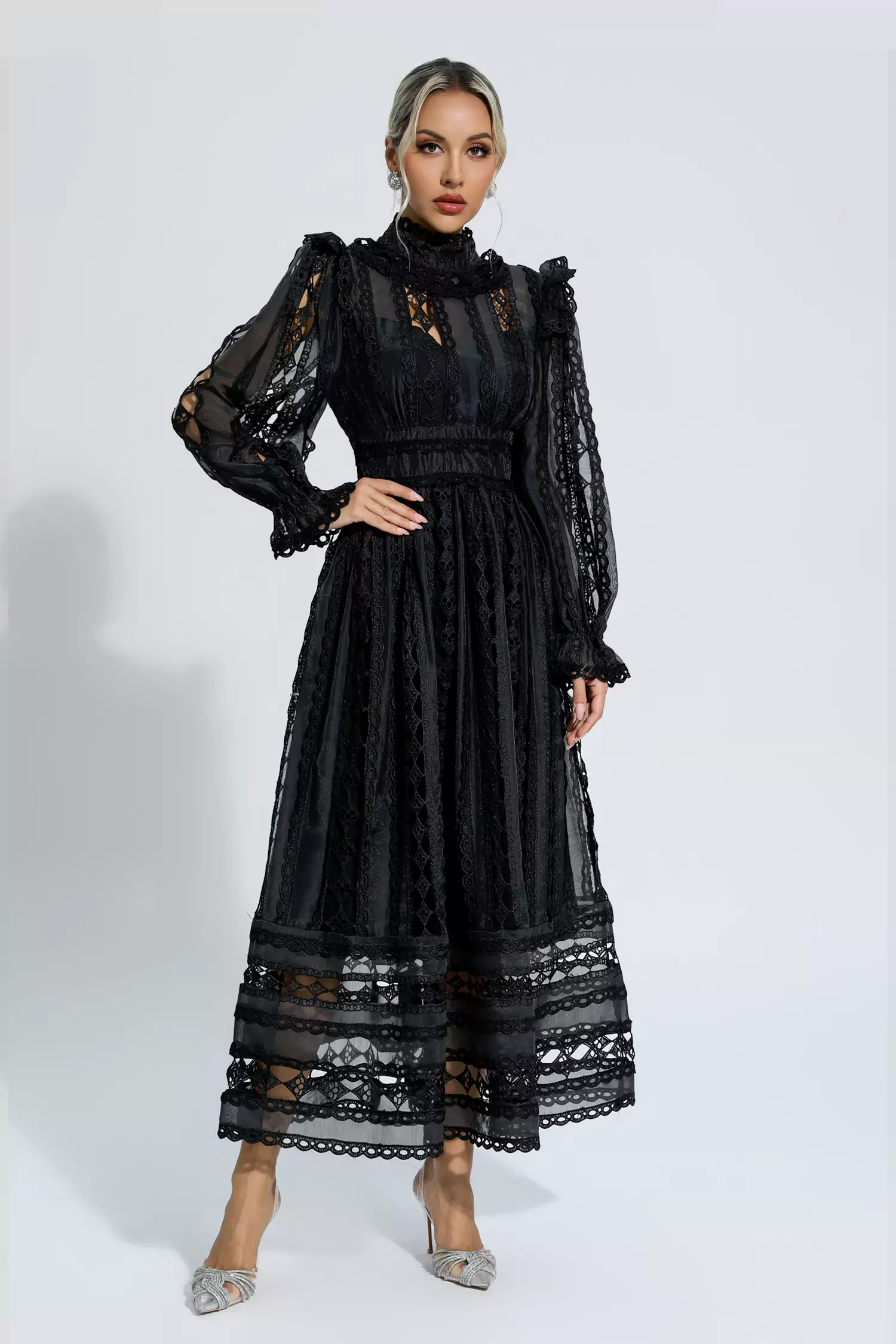 Mariam Black Hollow Lace Long Sleeve Dress-CATCHALL