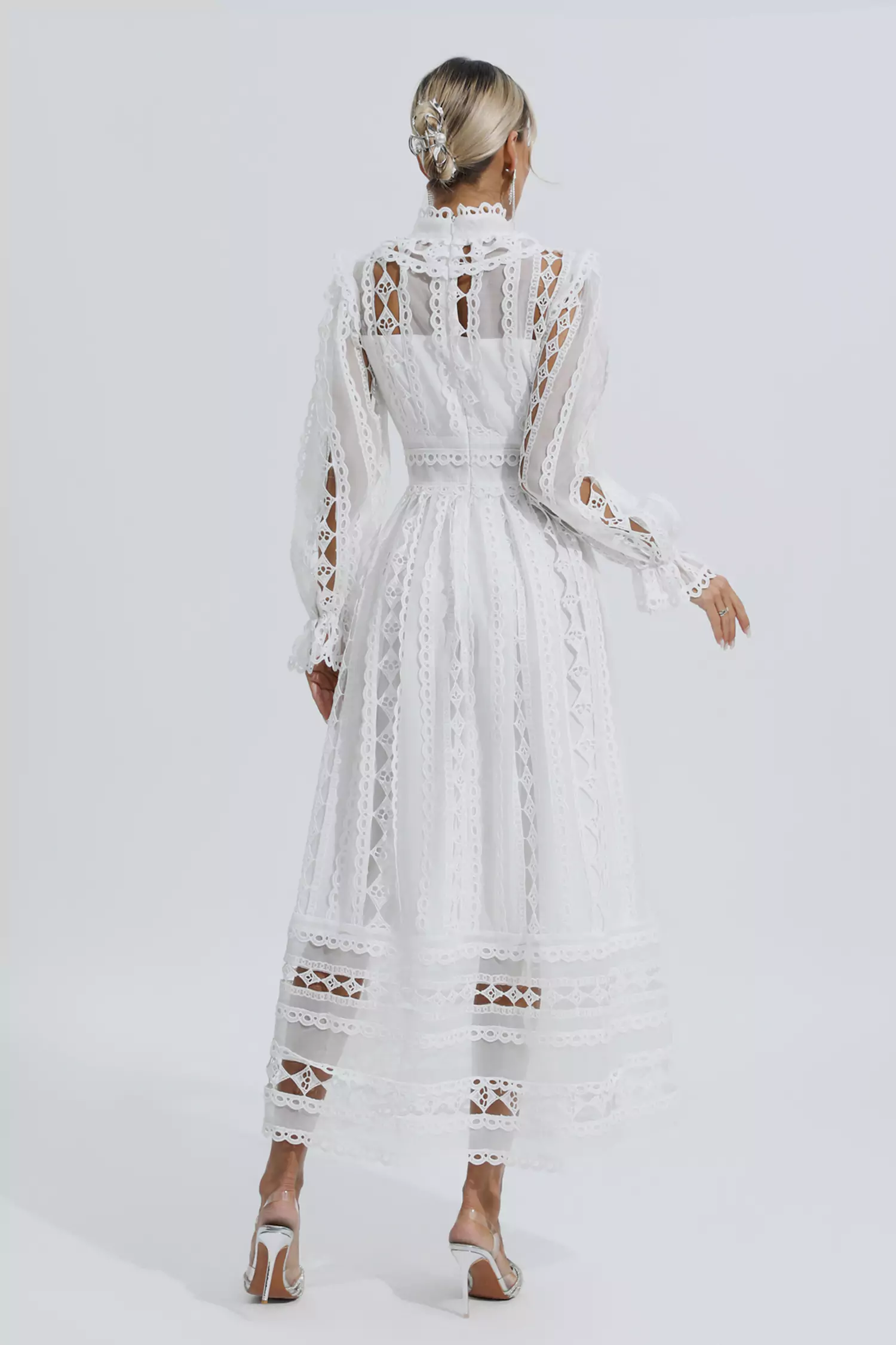 Mariam White Hollow Lace Long Sleeve Dress-CATCHALL