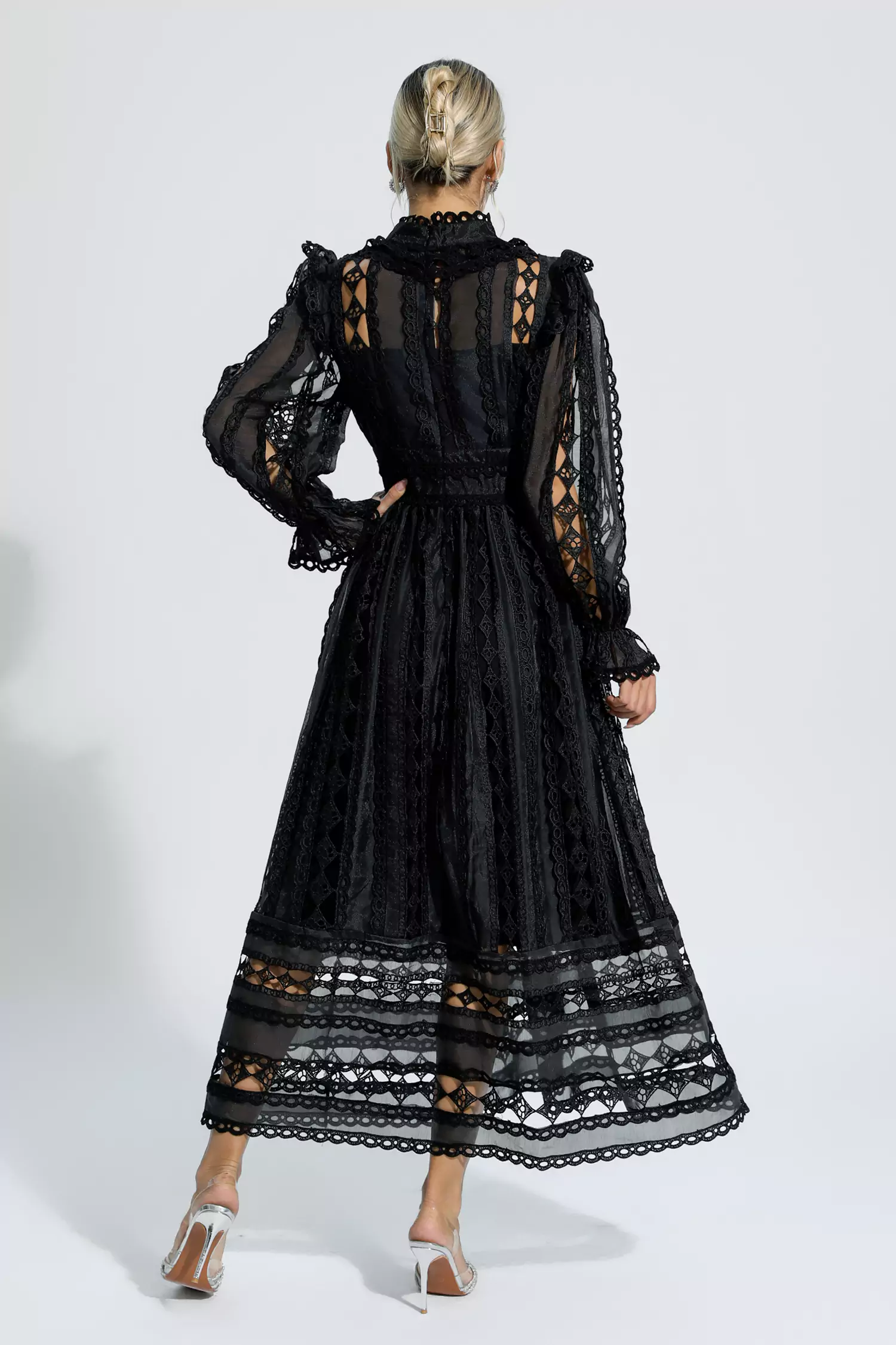Mariam Black Hollow Lace Long Sleeve Dress-CATCHALL