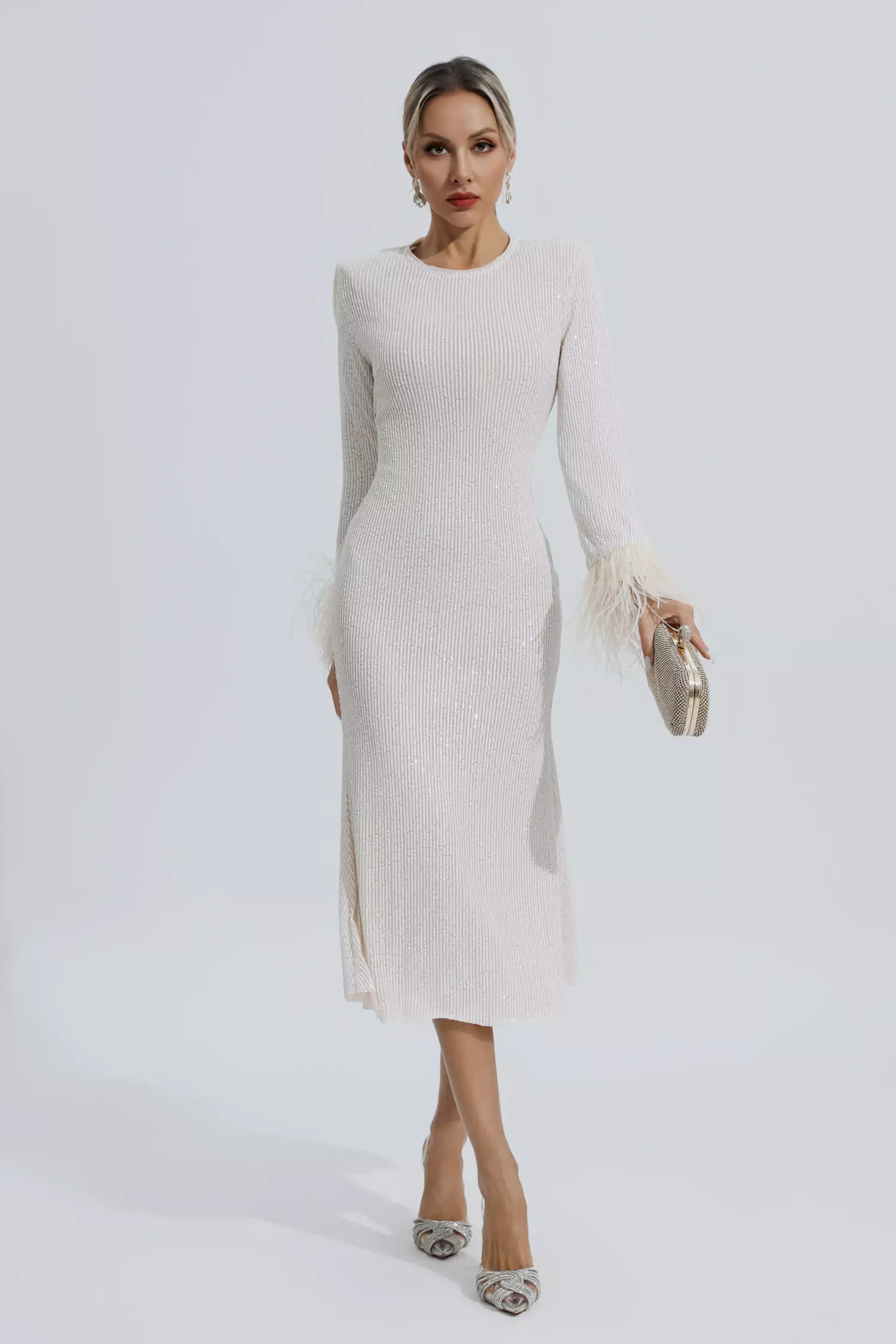 Marilyn Apricot Feather Cuffs Sequin Dress-CATCHALL