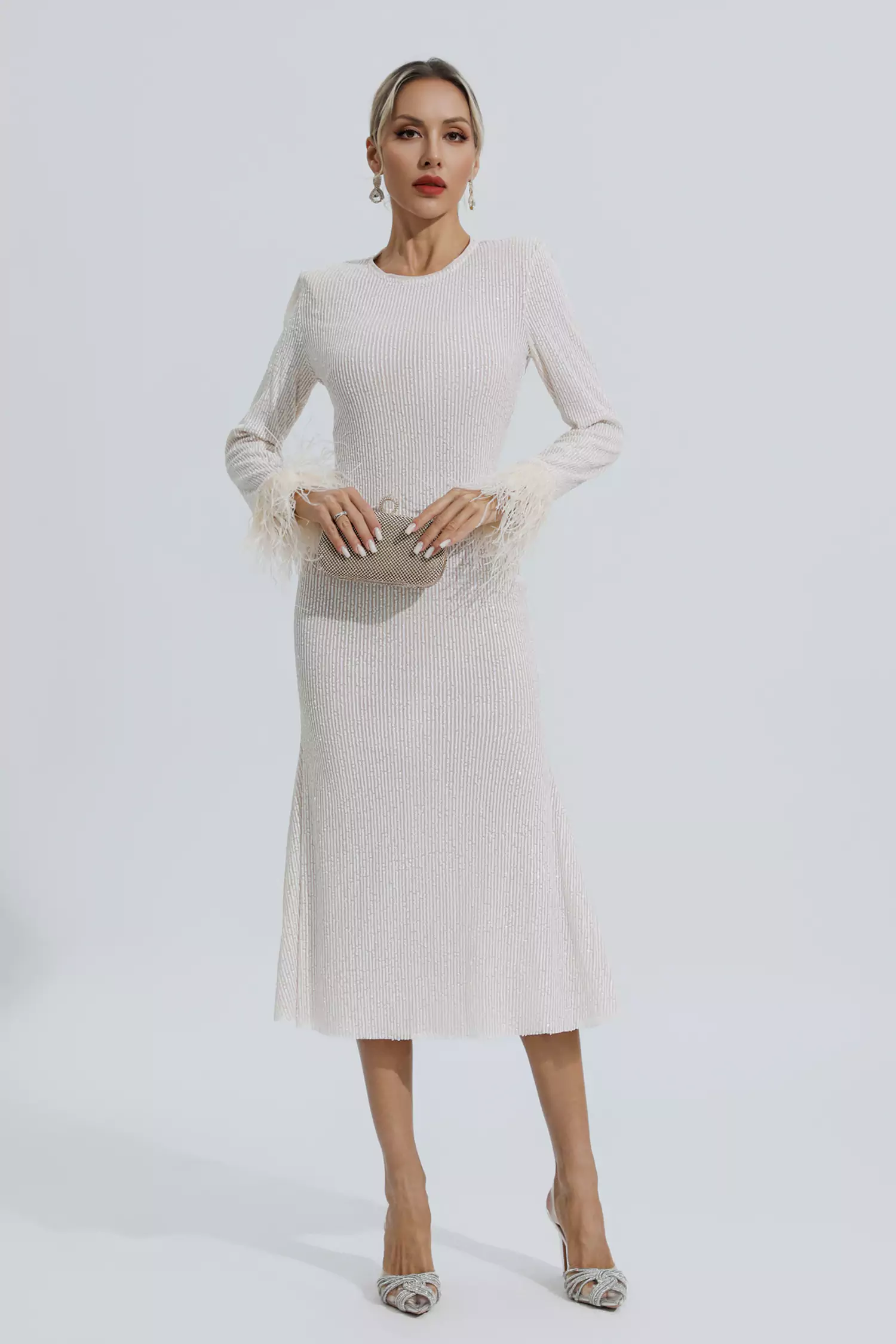 Marilyn Apricot Feather Cuffs Sequin Dress-CATCHALL