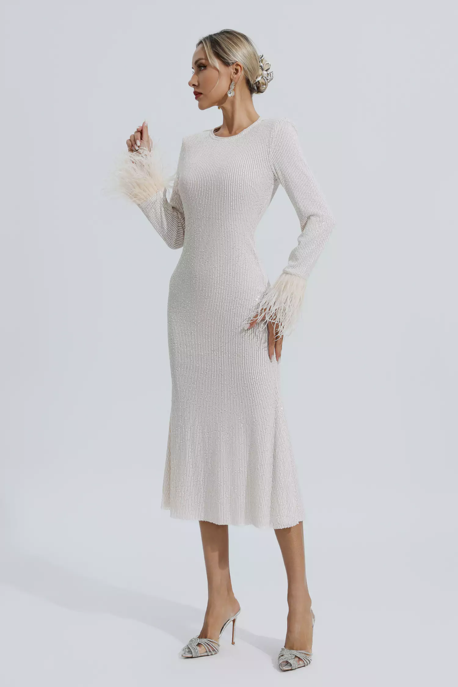 Marilyn Apricot Feather Cuffs Sequin Dress-CATCHALL