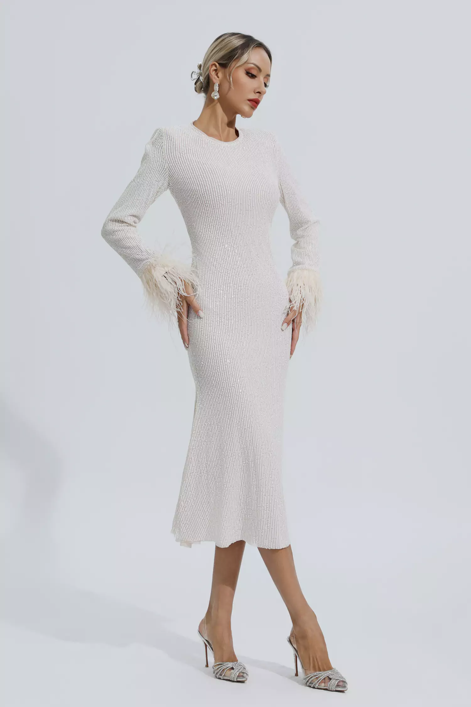 Marilyn Apricot Feather Cuffs Sequin Dress-CATCHALL