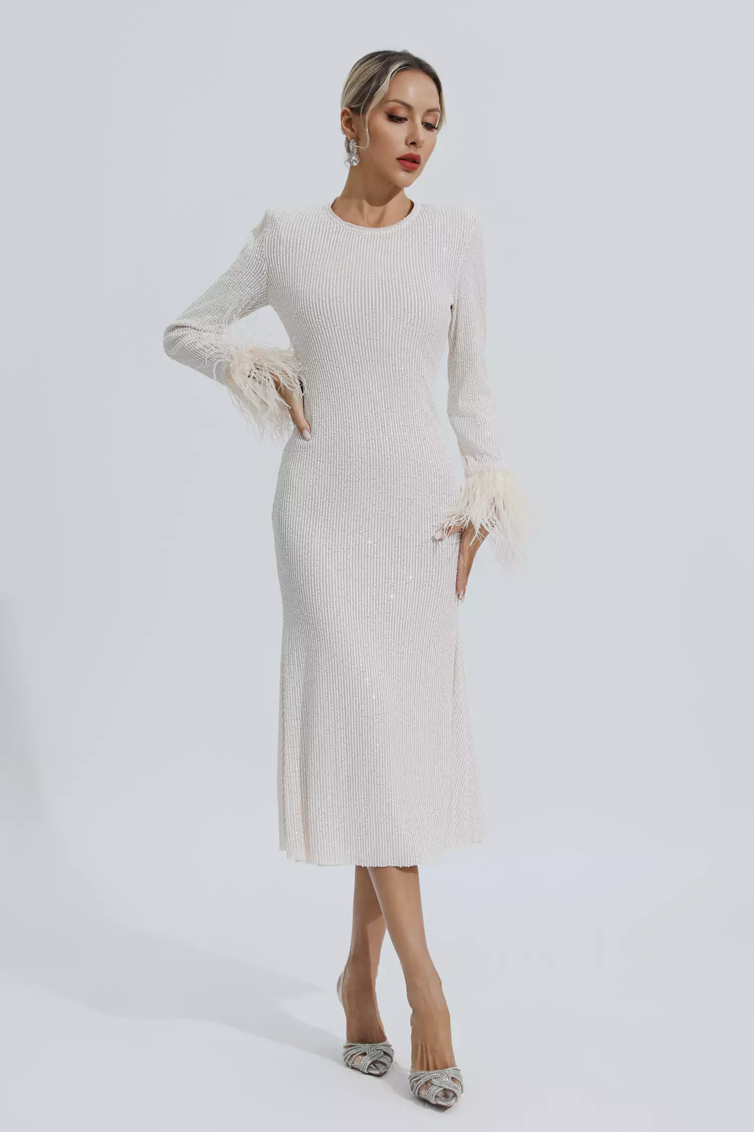 Marilyn Apricot Feather Cuffs Sequin Dress-CATCHALL