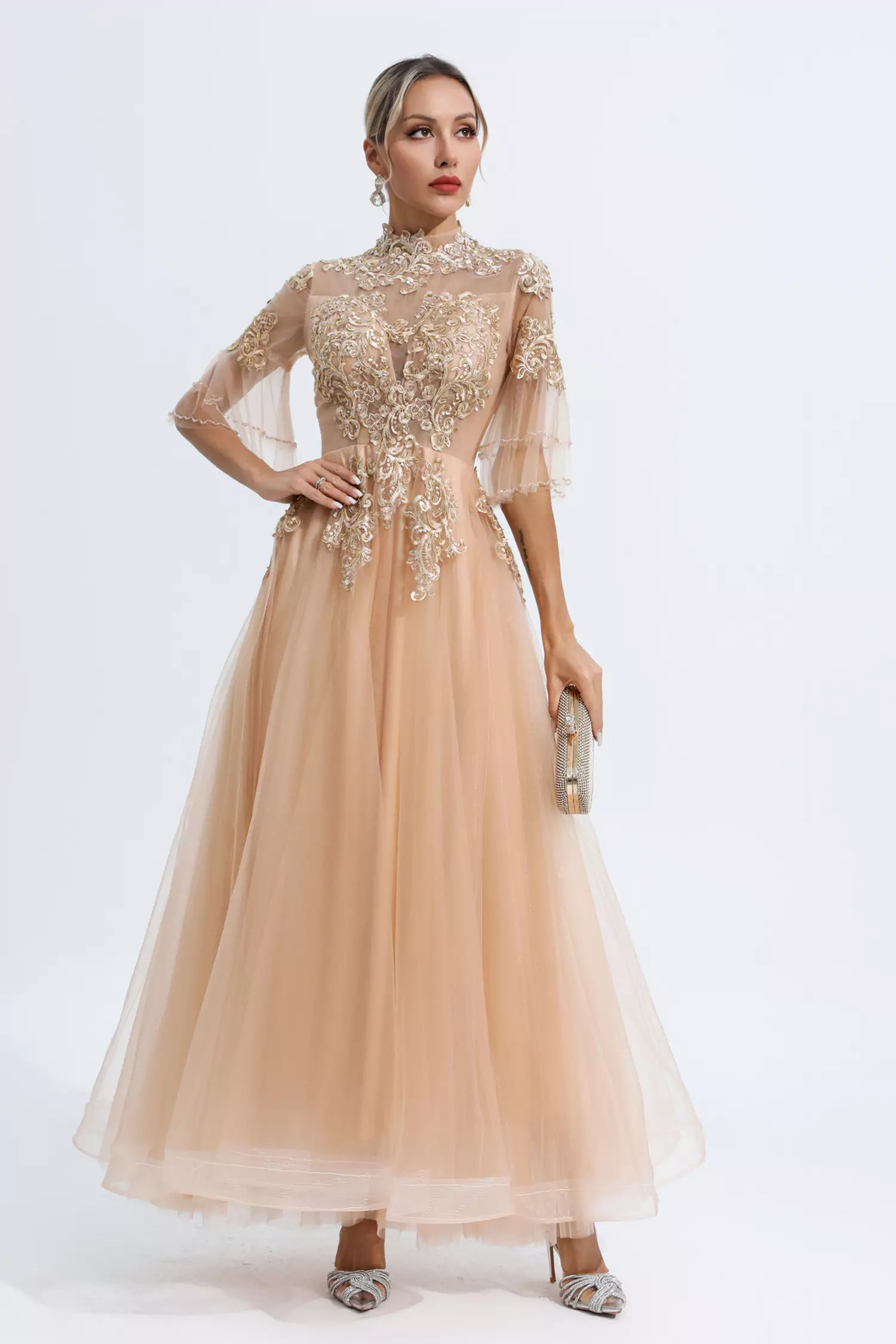 Marina Gold Embroidered Mesh Maxi Dress-CATCHALL