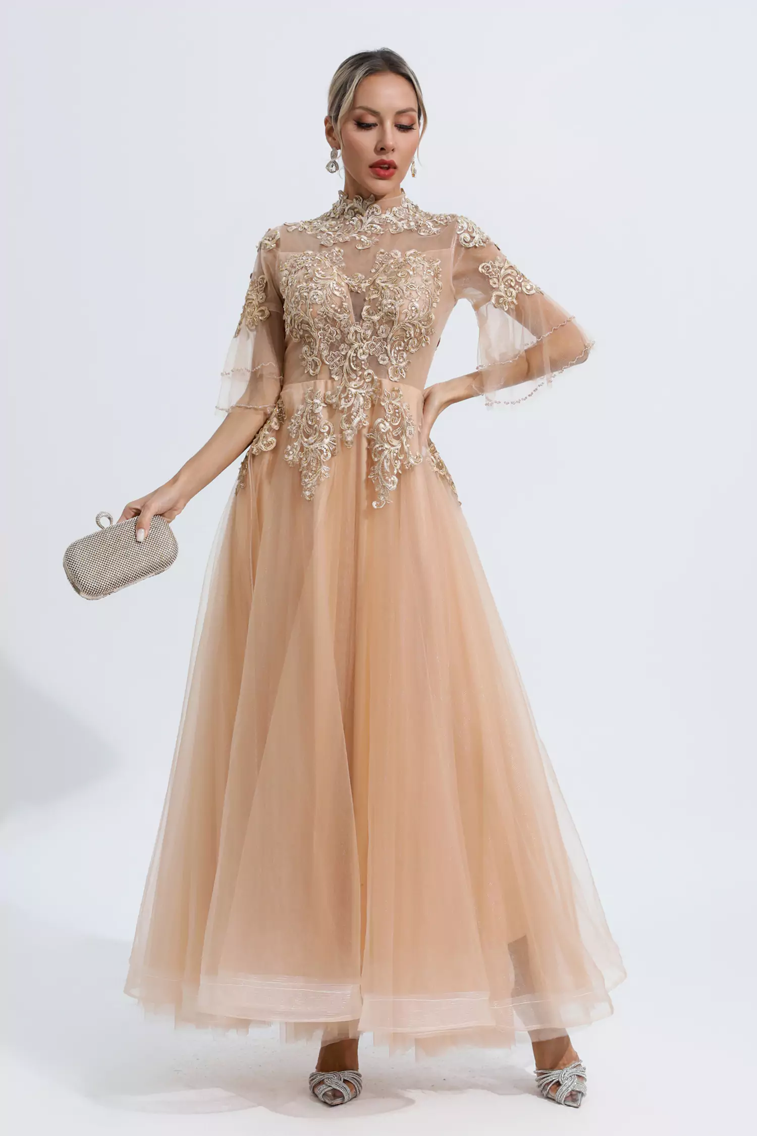 Marina Gold Embroidered Mesh Maxi Dress-CATCHALL