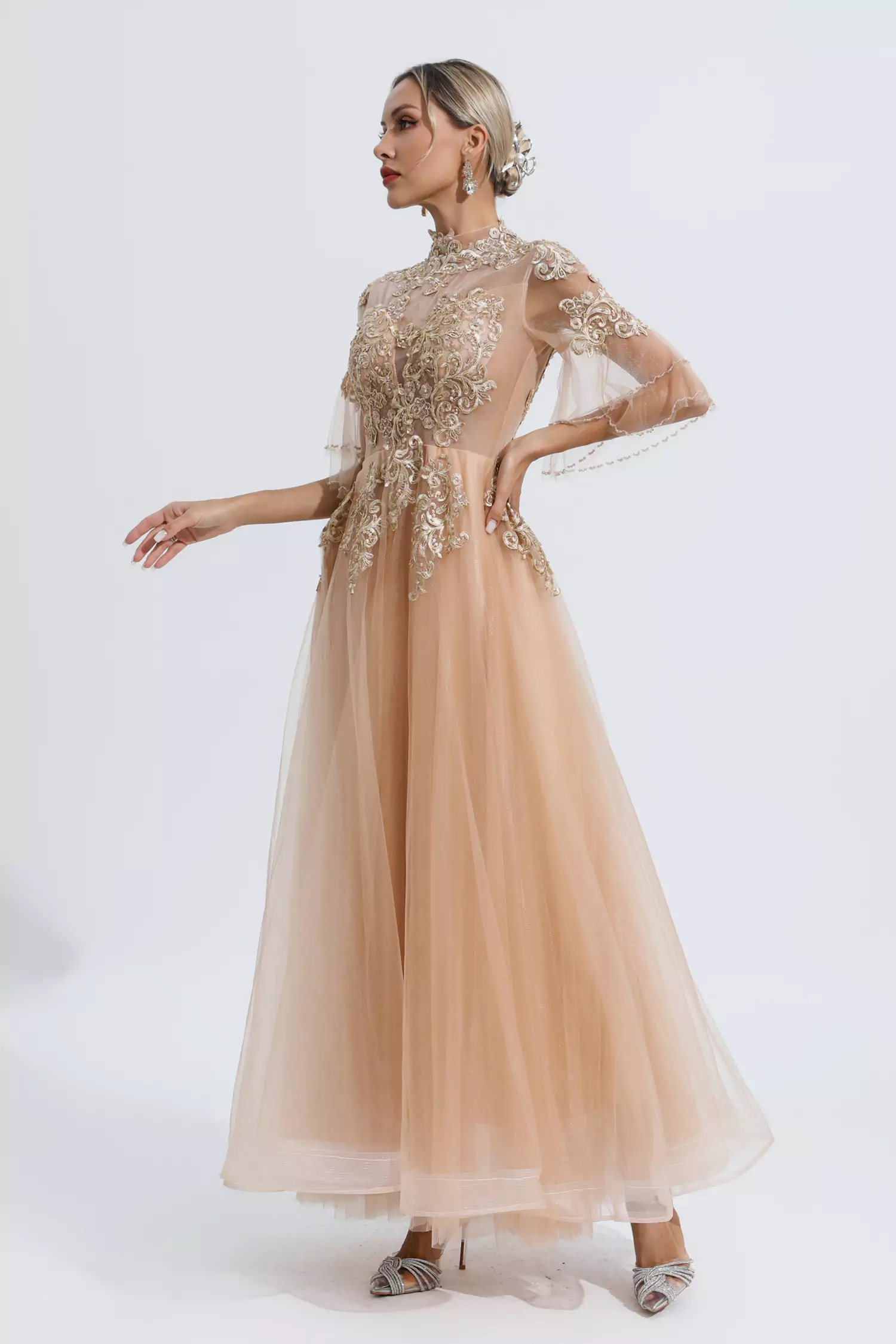 Marina Gold Embroidered Mesh Maxi Dress-CATCHALL