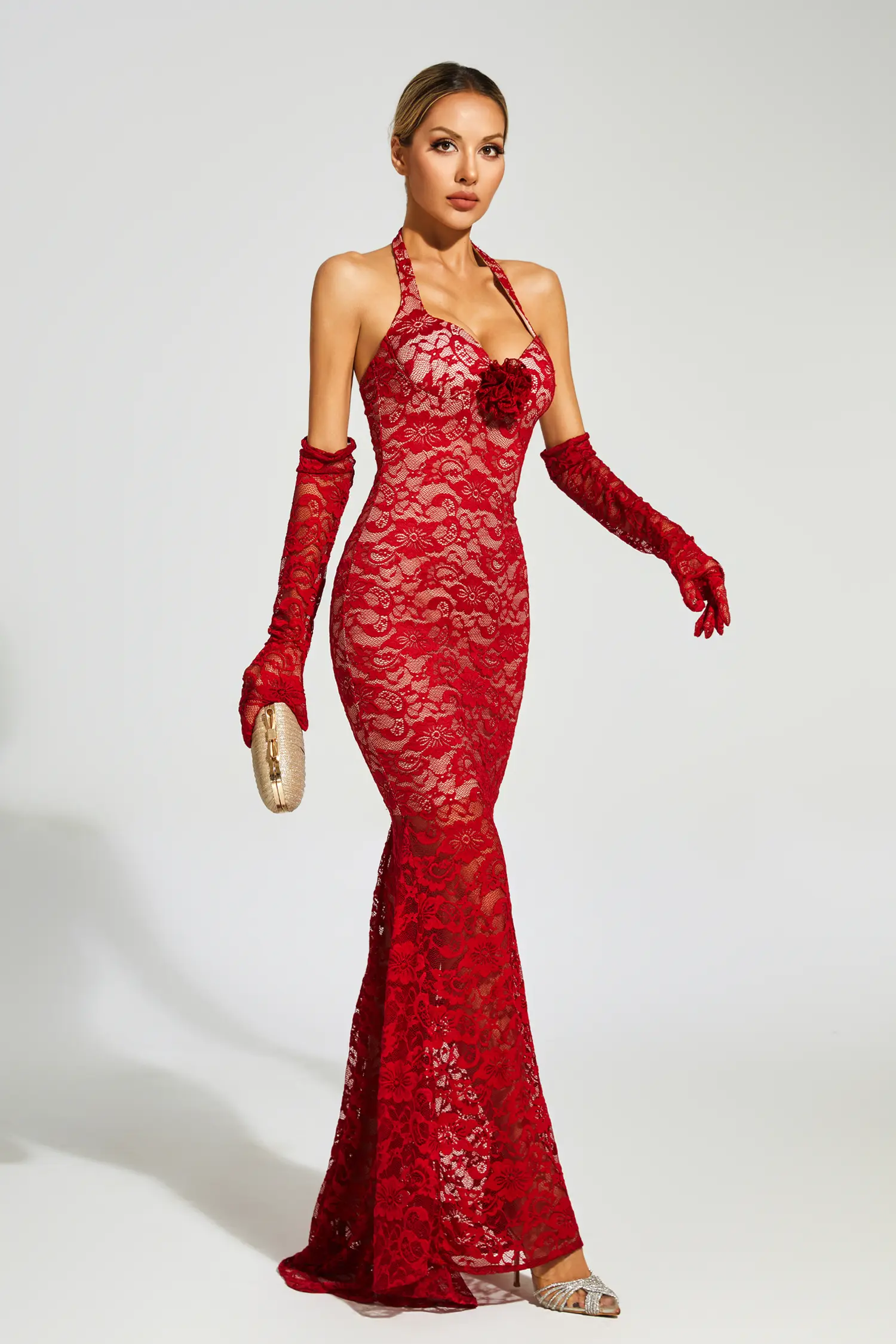 Marjorie Red Rose Lace Halter Maxi Dress-CATCHALL