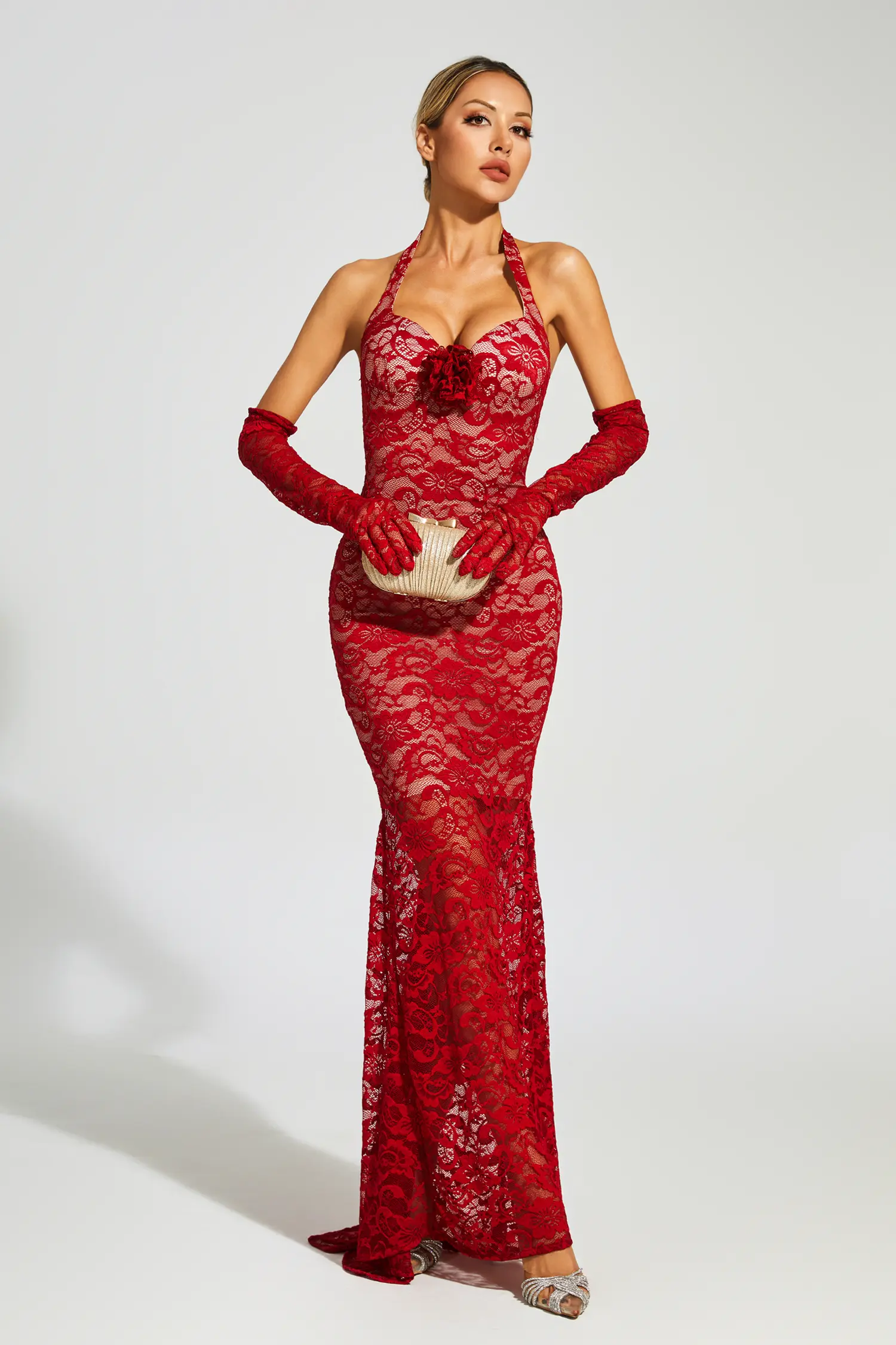 Marjorie Red Rose Lace Halter Maxi Dress-CATCHALL