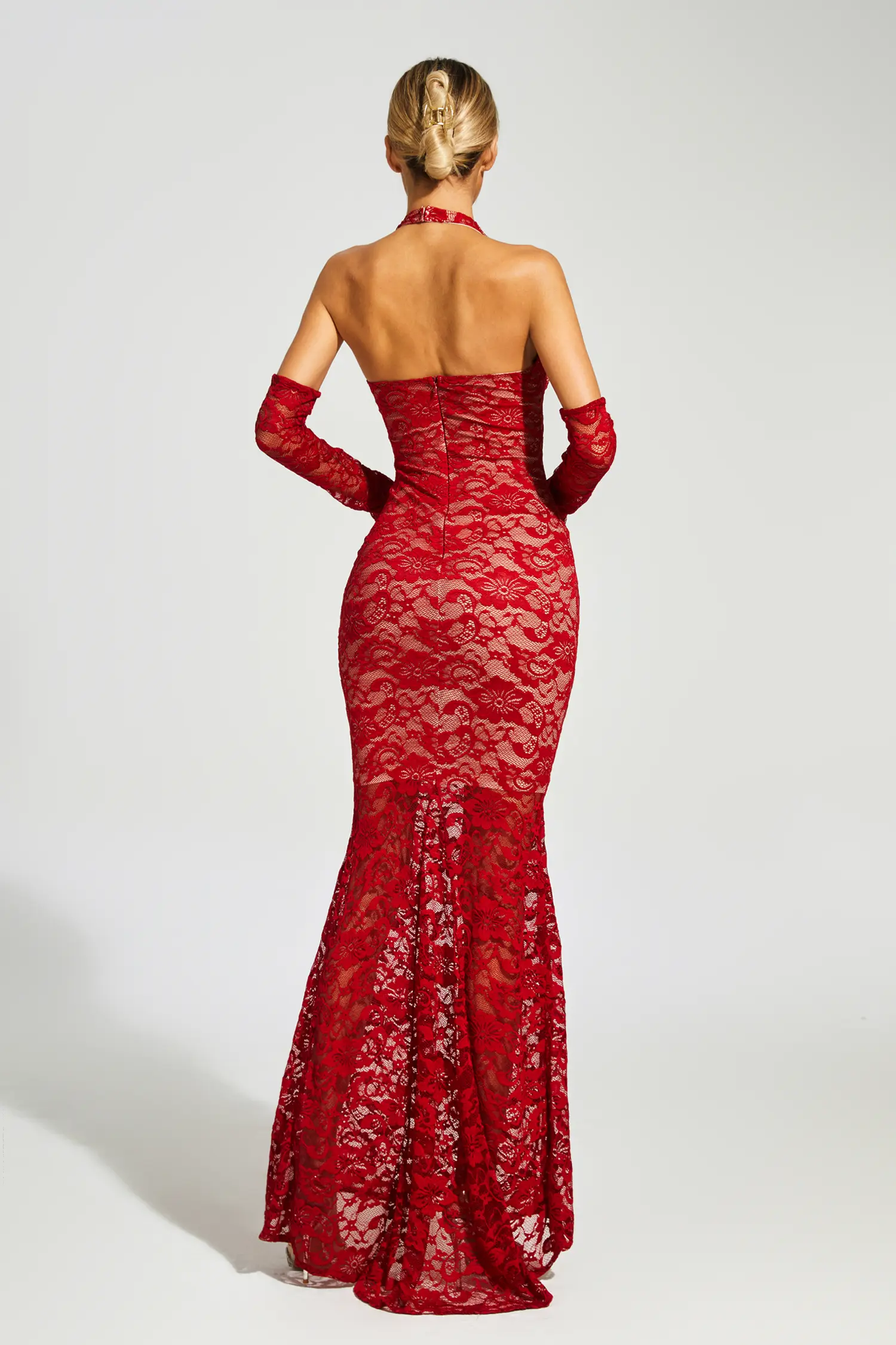 Marjorie Red Rose Lace Halter Maxi Dress-CATCHALL