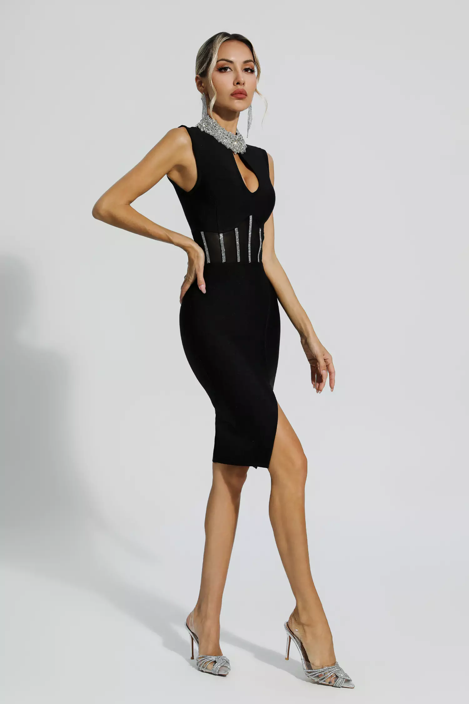 Marleigh Black Diamond Embellished Bandage Dress-CATCHALL