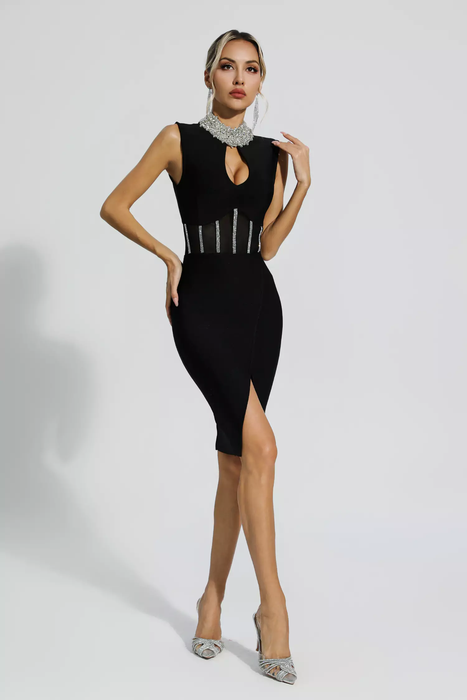 Marleigh Black Diamond Embellished Bandage Dress-CATCHALL