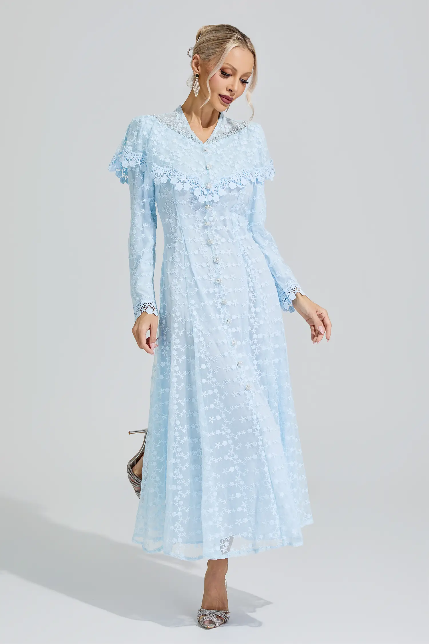 Martha Blue Embroidery Lace Dress