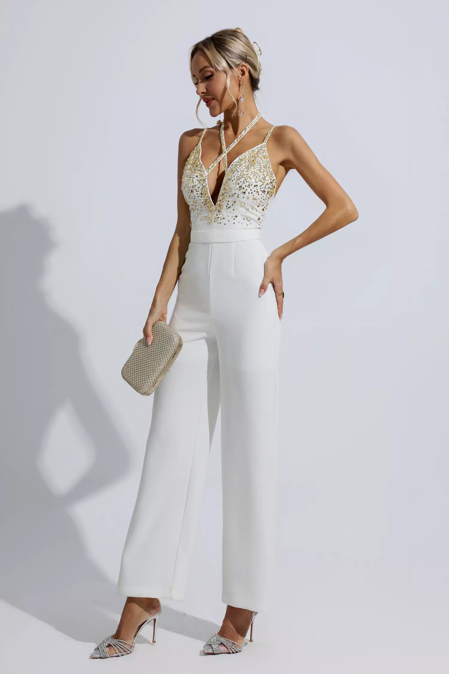 Matilda White Sequin Embellished Jumpsuit-CATCHALL