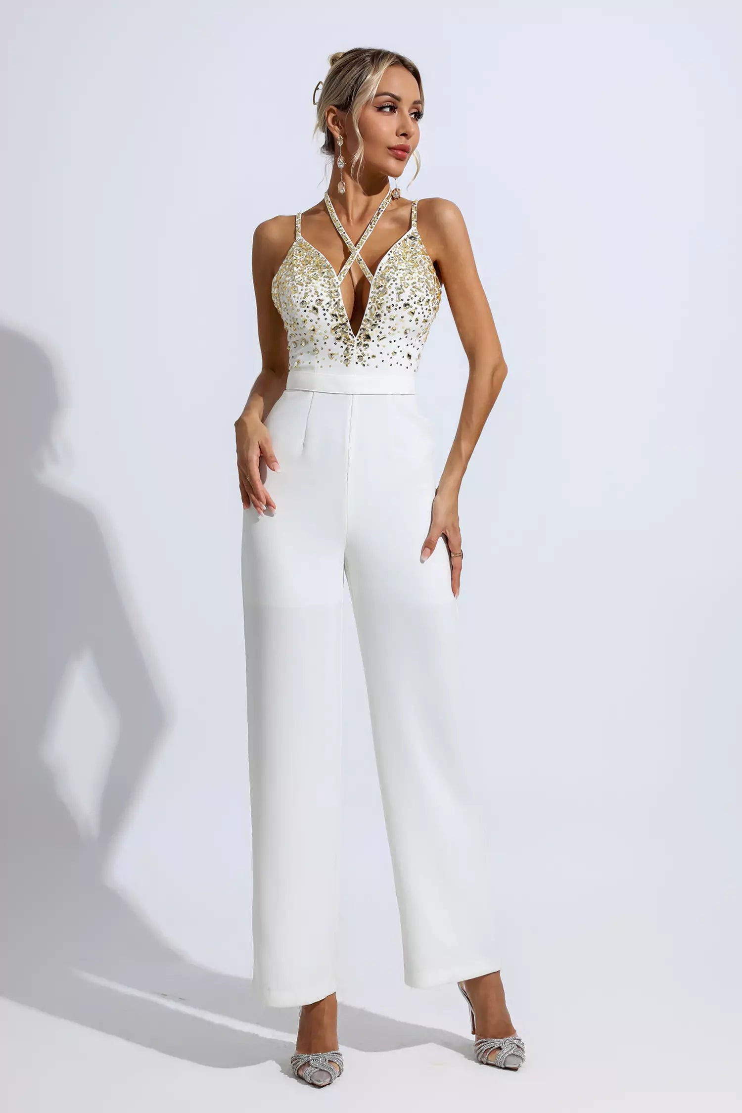 Matilda White Sequin Embellished Jumpsuit-CATCHALL