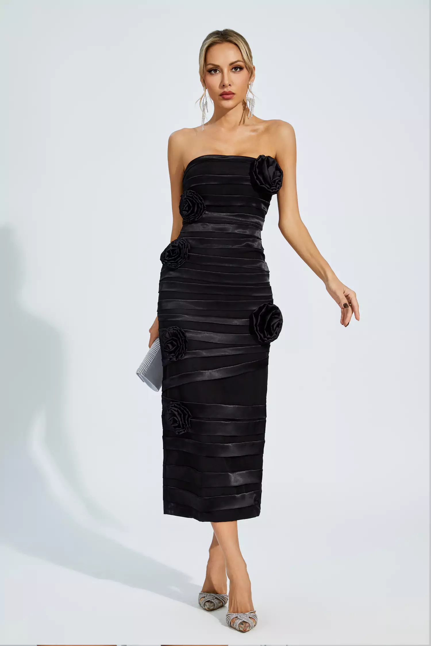 Mavis Black Floral Strapless Evening Dress-CATCHALL