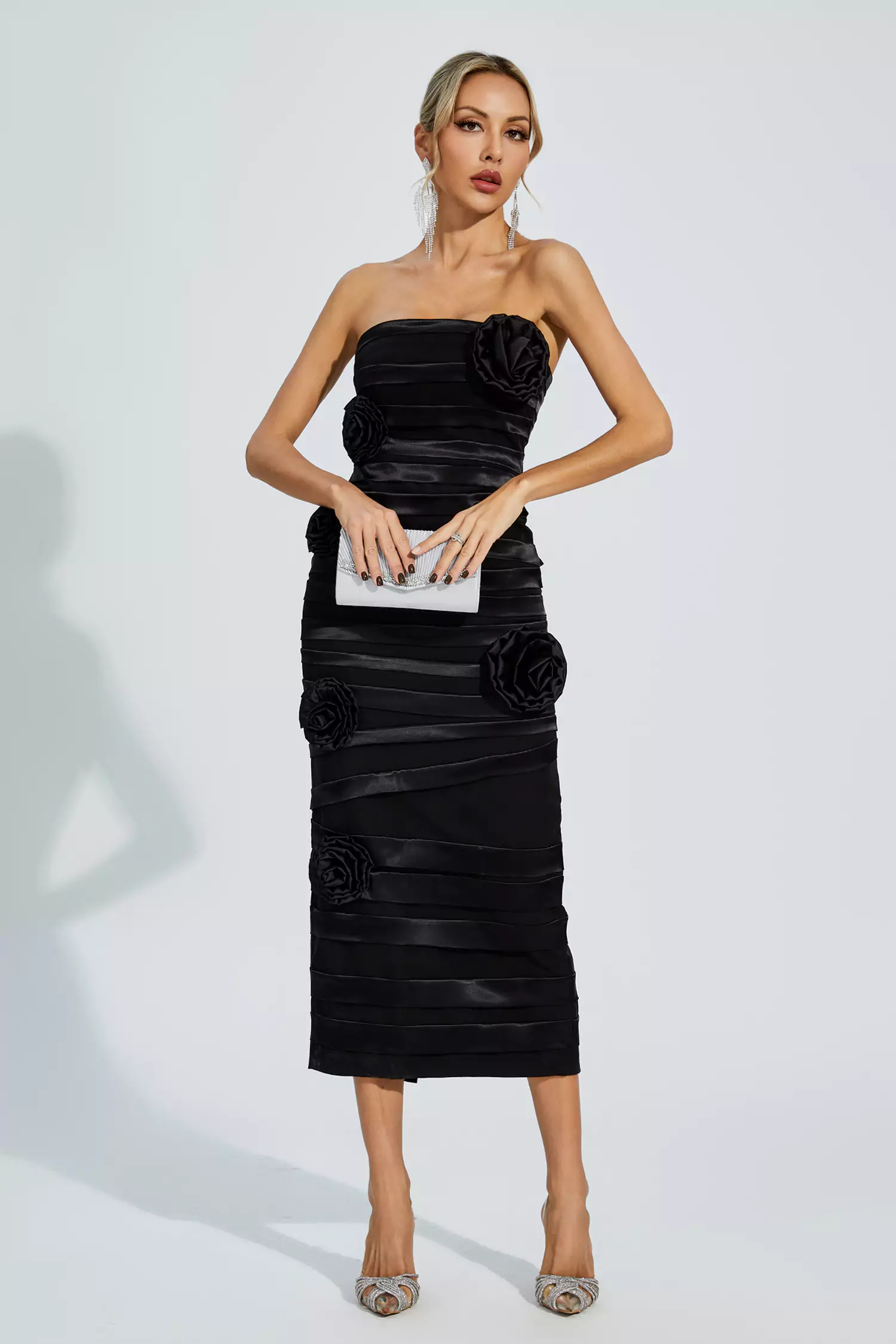 Mavis Black Floral Strapless Evening Dress-CATCHALL