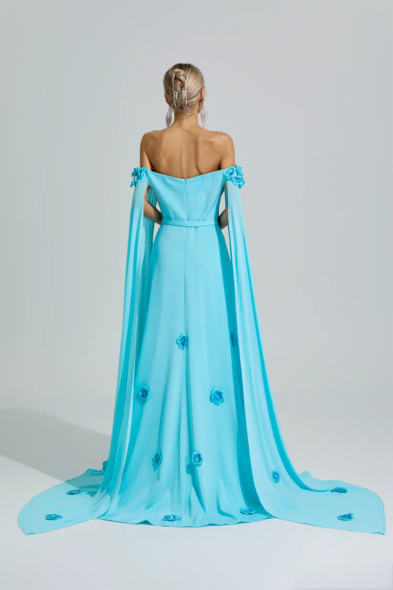 Mazu Blue Beaded Floral Off Shoulder Dress