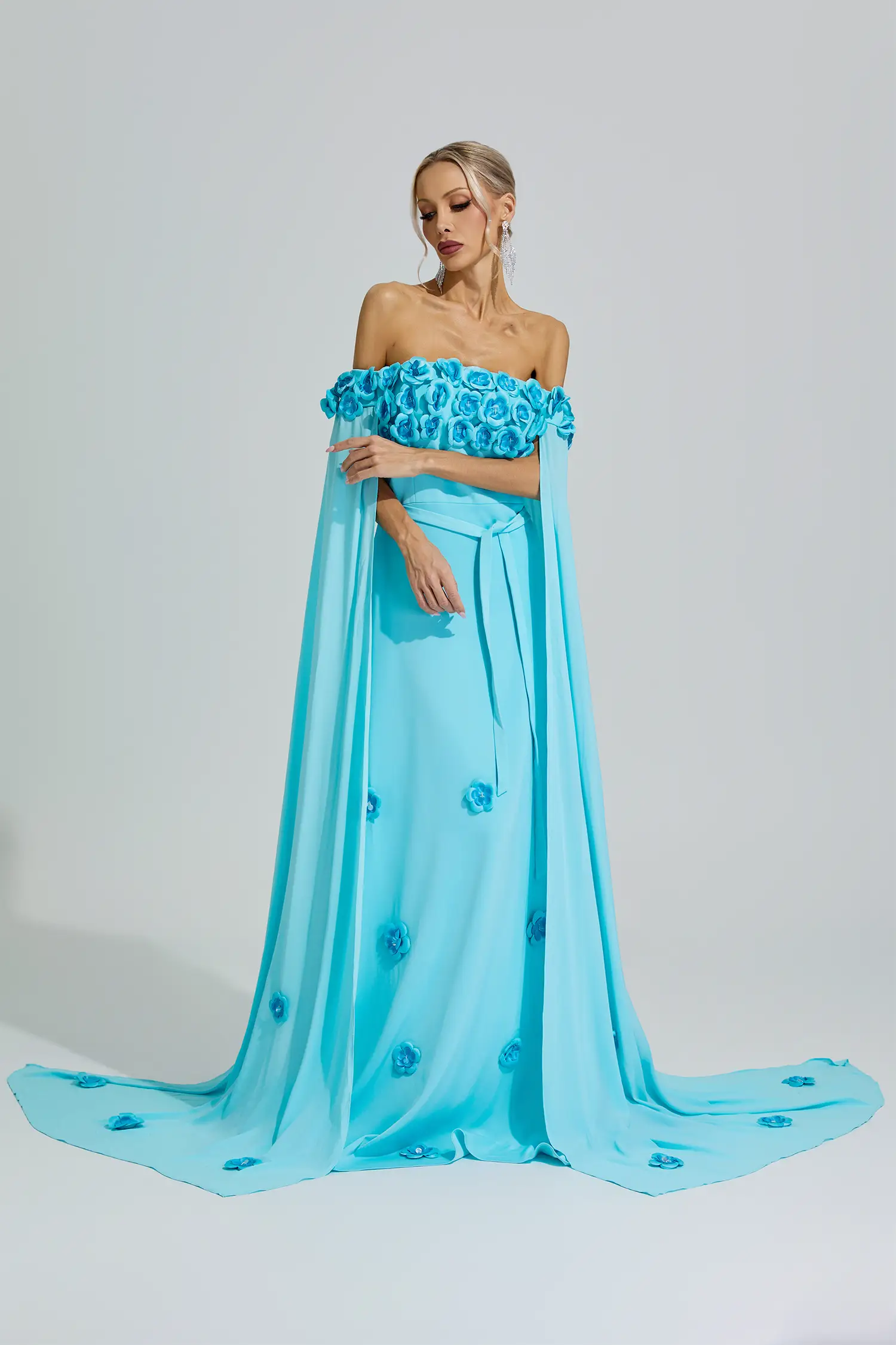 Mazu Blue Beaded Floral Off Shoulder Dress