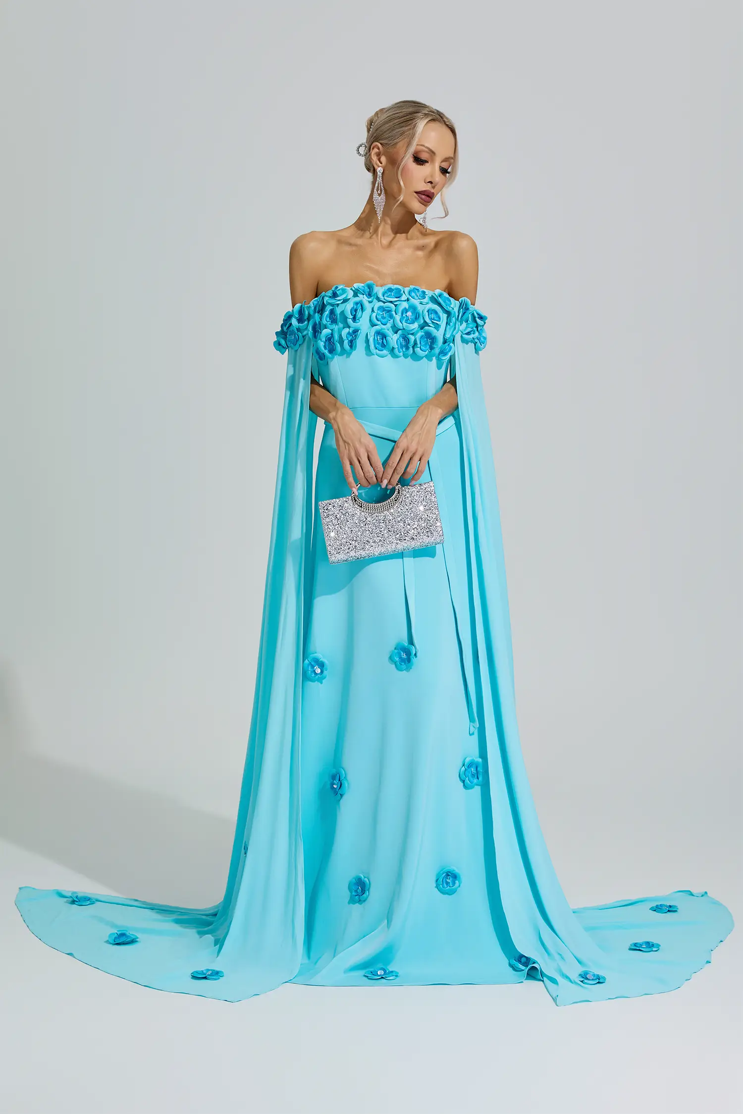 Mazu Blue Beaded Floral Off Shoulder Dress