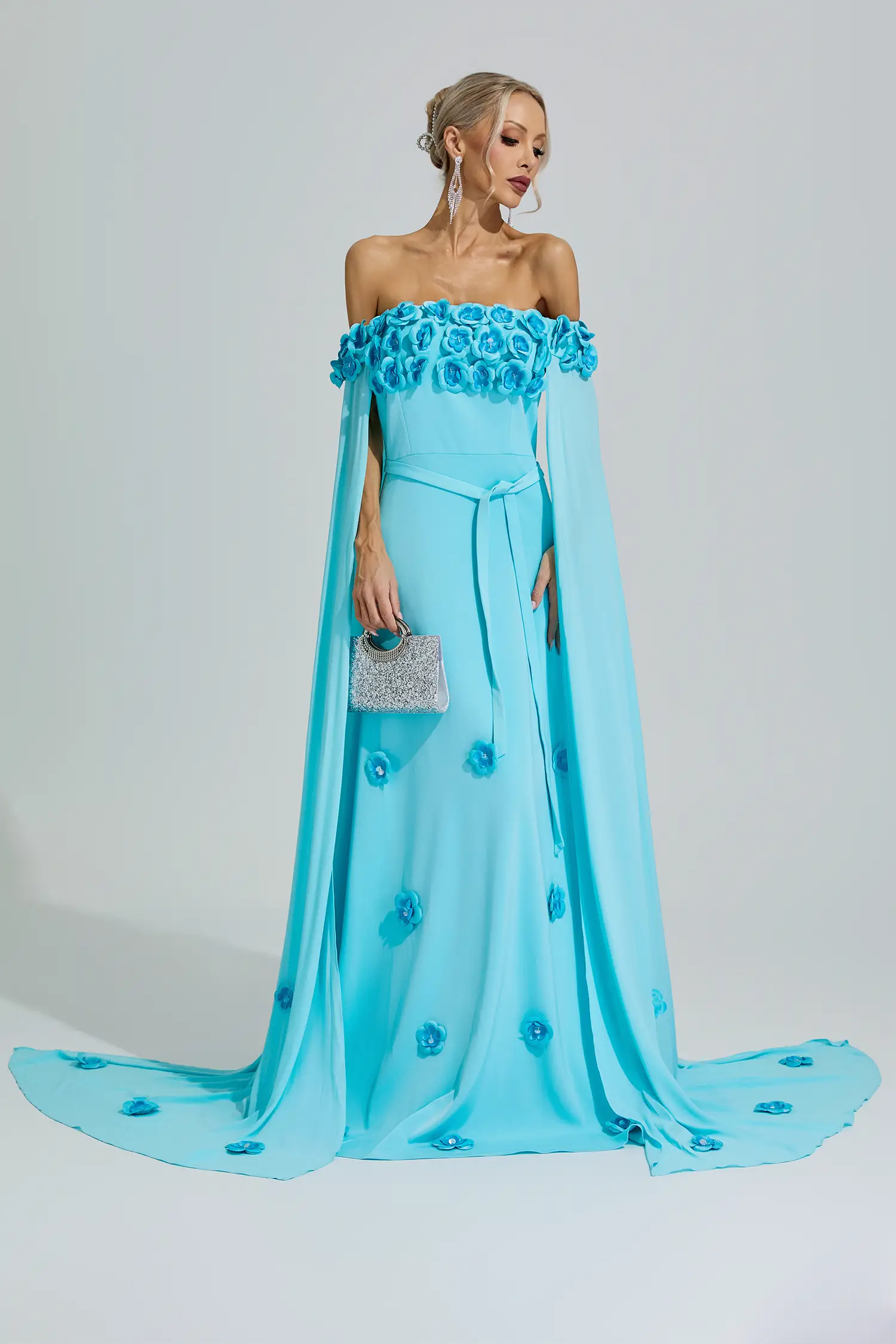 Mazu Blue Beaded Floral Off Shoulder Dress