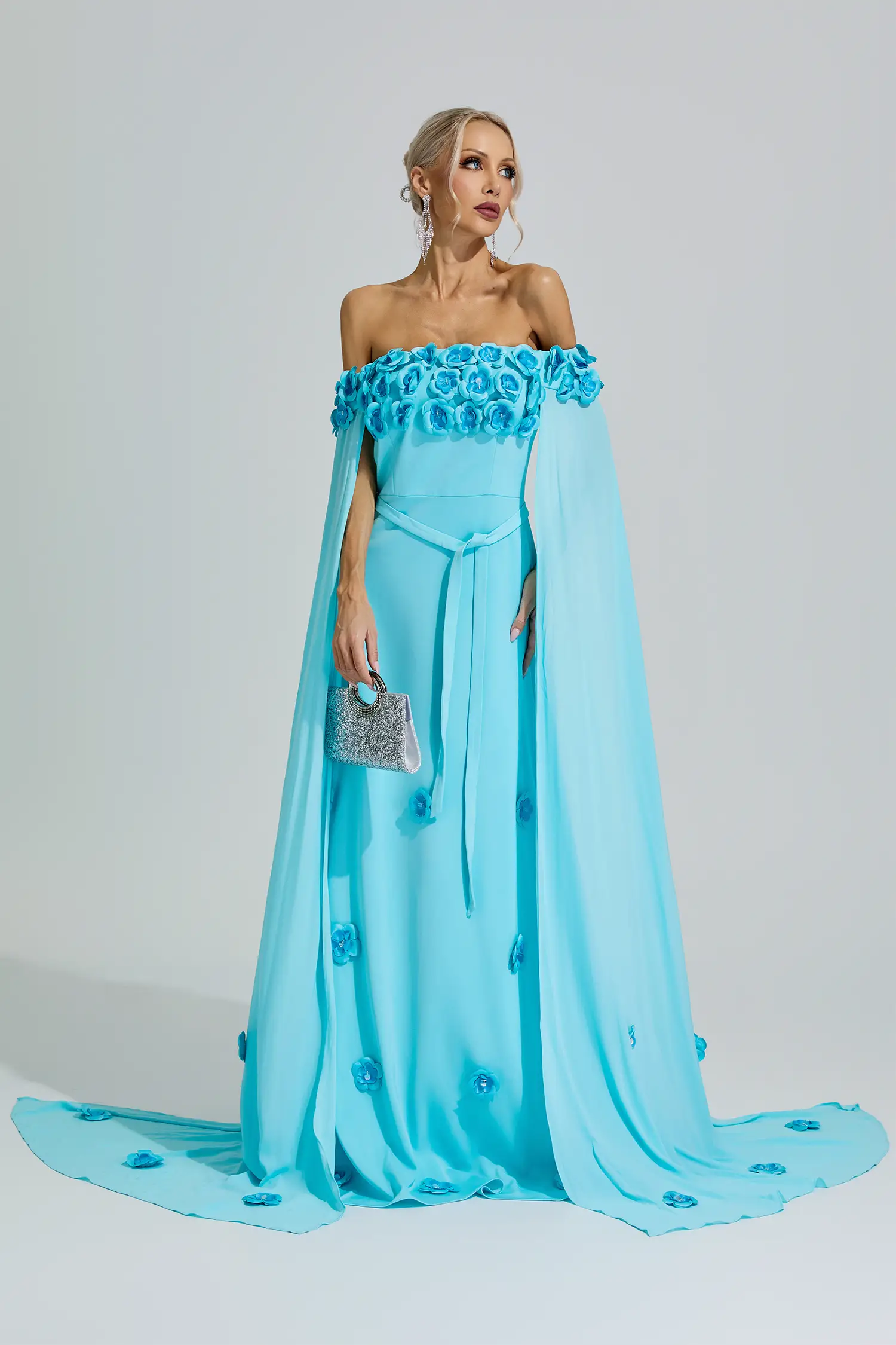 Mazu Blue Beaded Floral Off Shoulder Dress