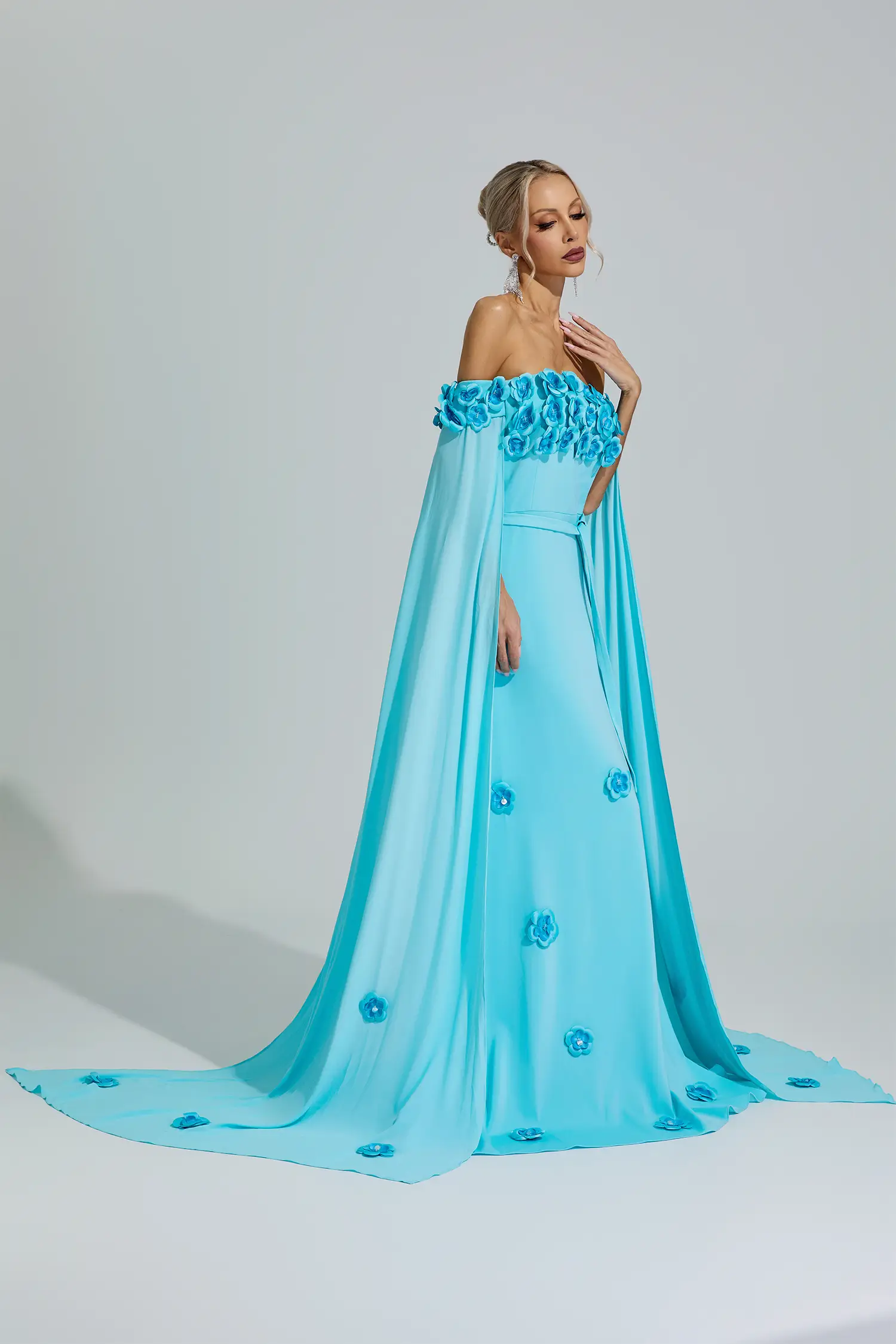 Mazu Blue Beaded Floral Off Shoulder Dress