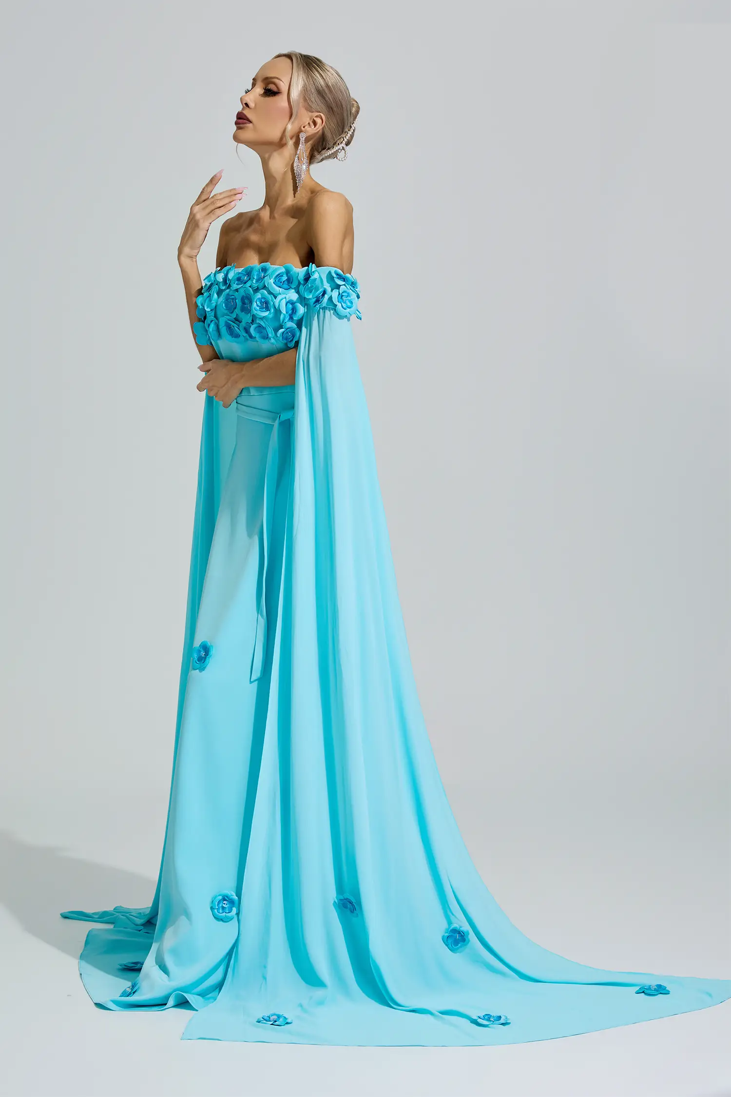 Mazu Blue Beaded Floral Off Shoulder Dress