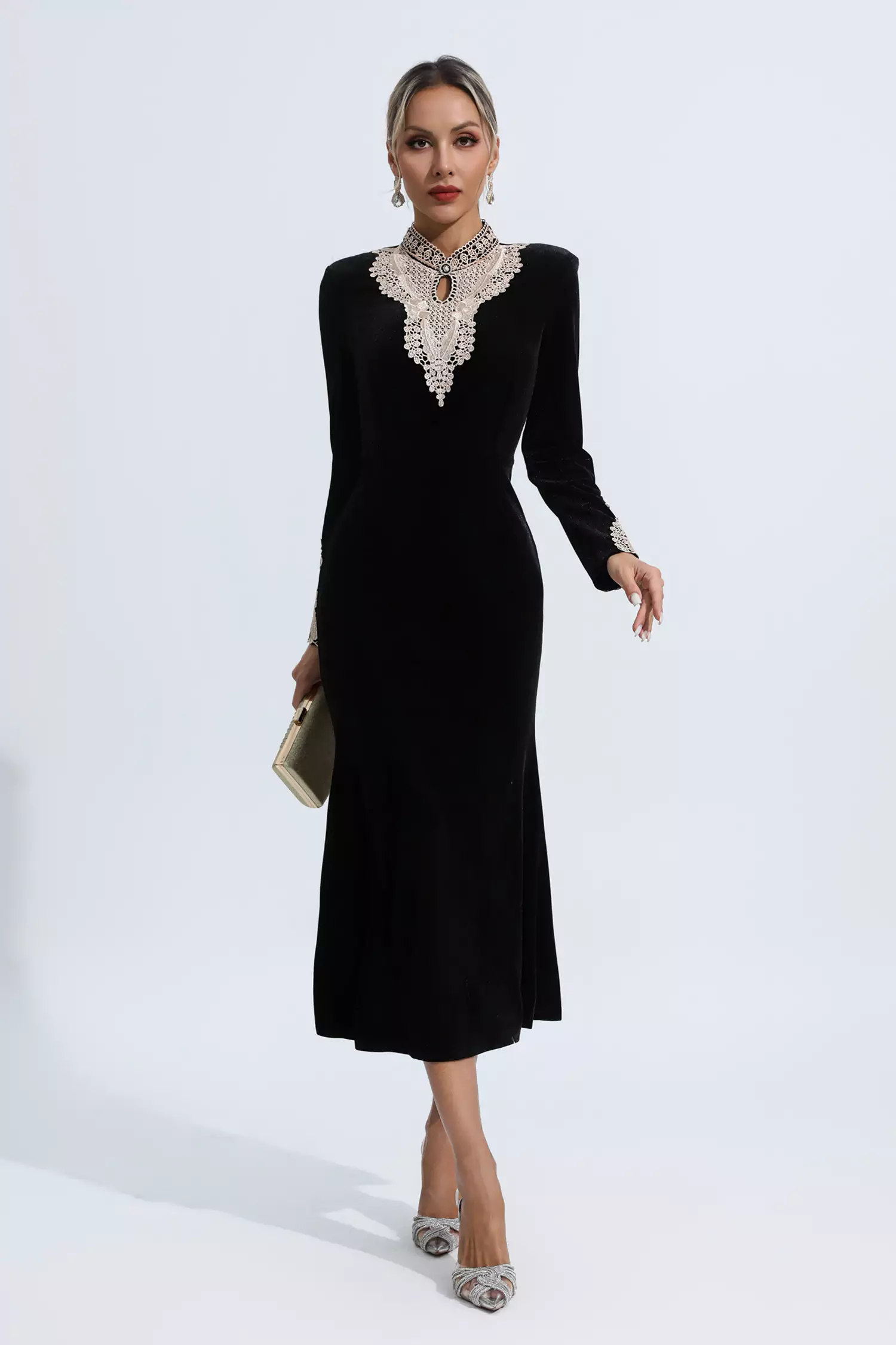 Melany Black Velvet Long Sleeve Dress-CATCHALL