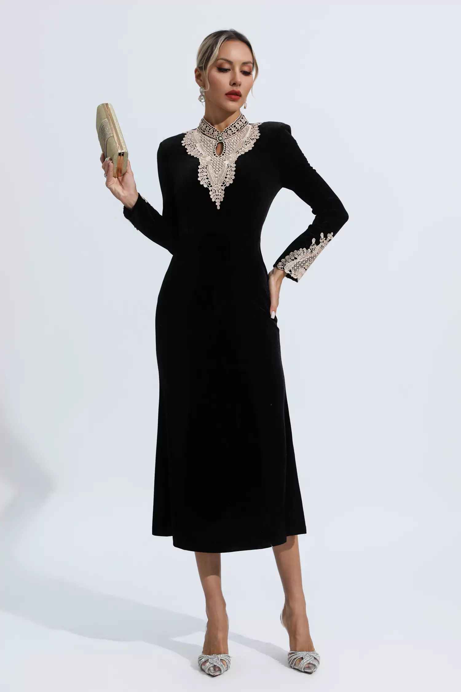 Melany Black Velvet Long Sleeve Dress-CATCHALL