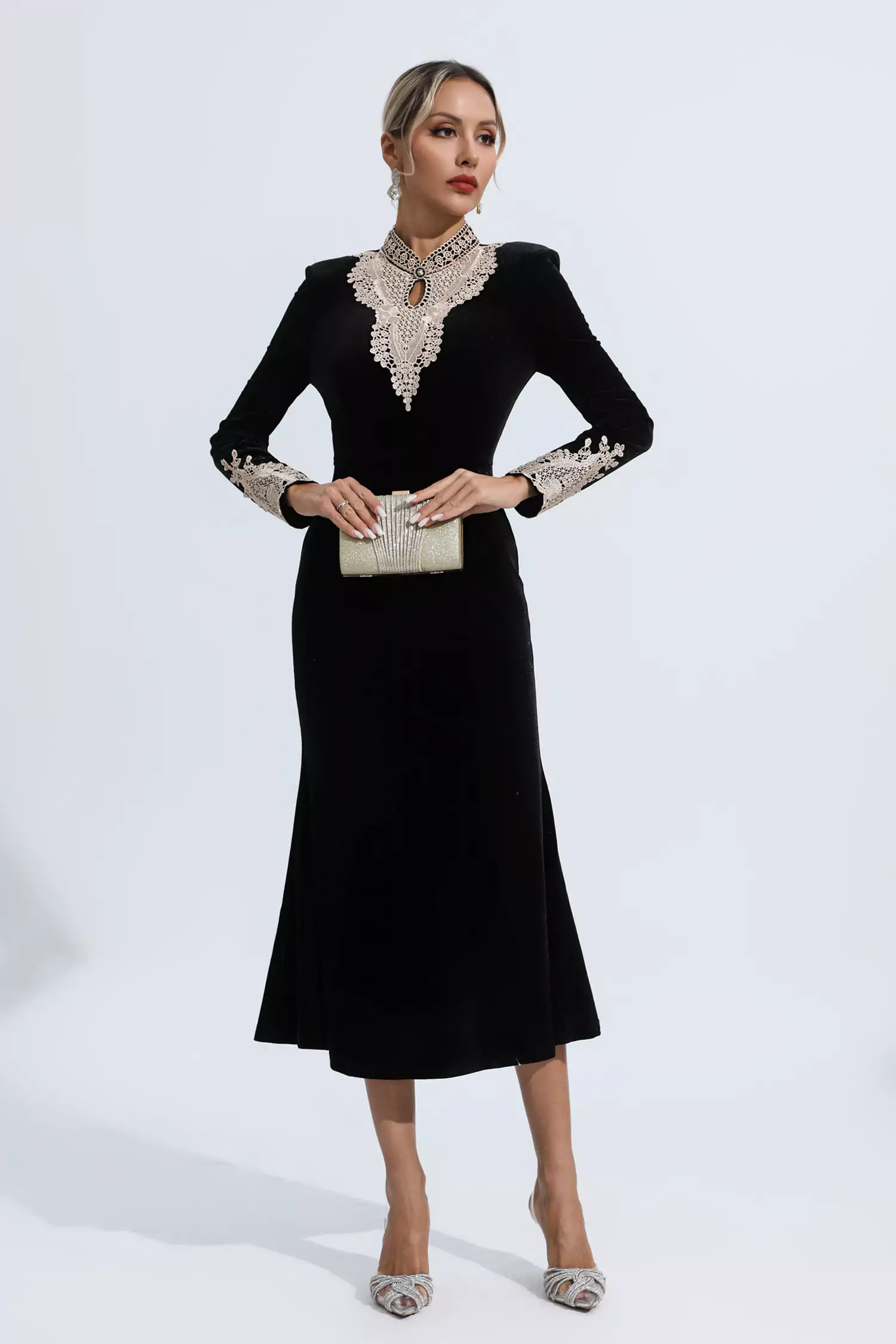 Melany Black Velvet Long Sleeve Dress-CATCHALL