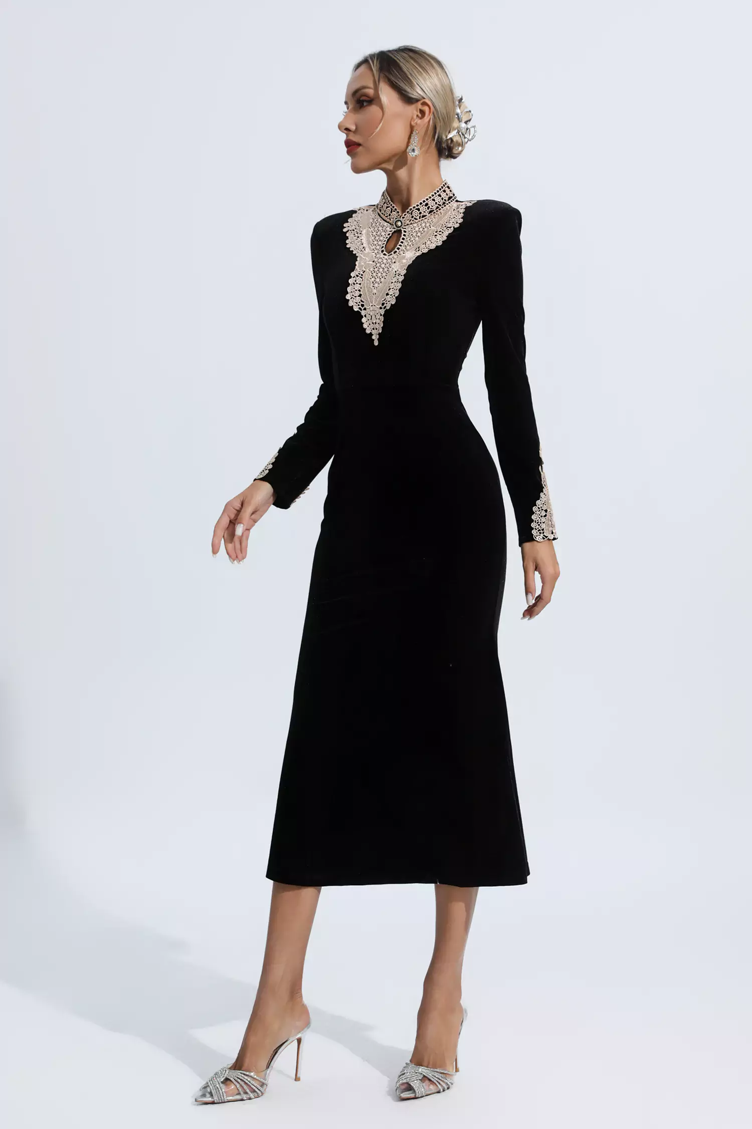 Melany Black Velvet Long Sleeve Dress-CATCHALL