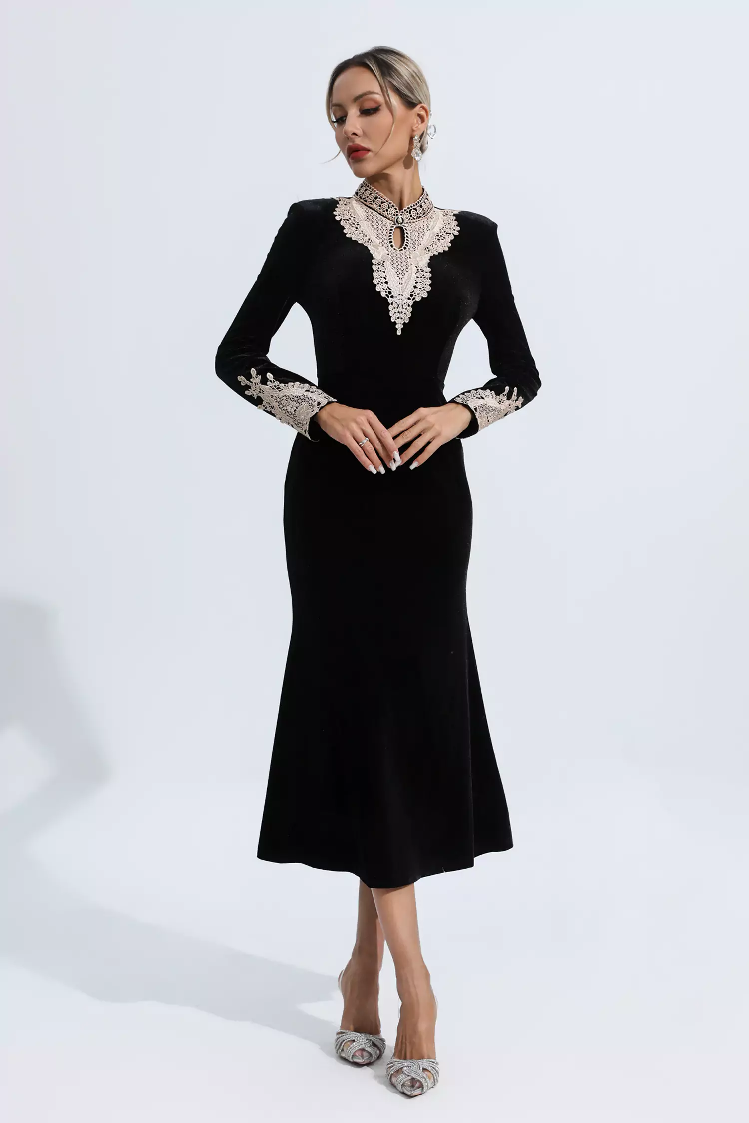 Melany Black Velvet Long Sleeve Dress-CATCHALL