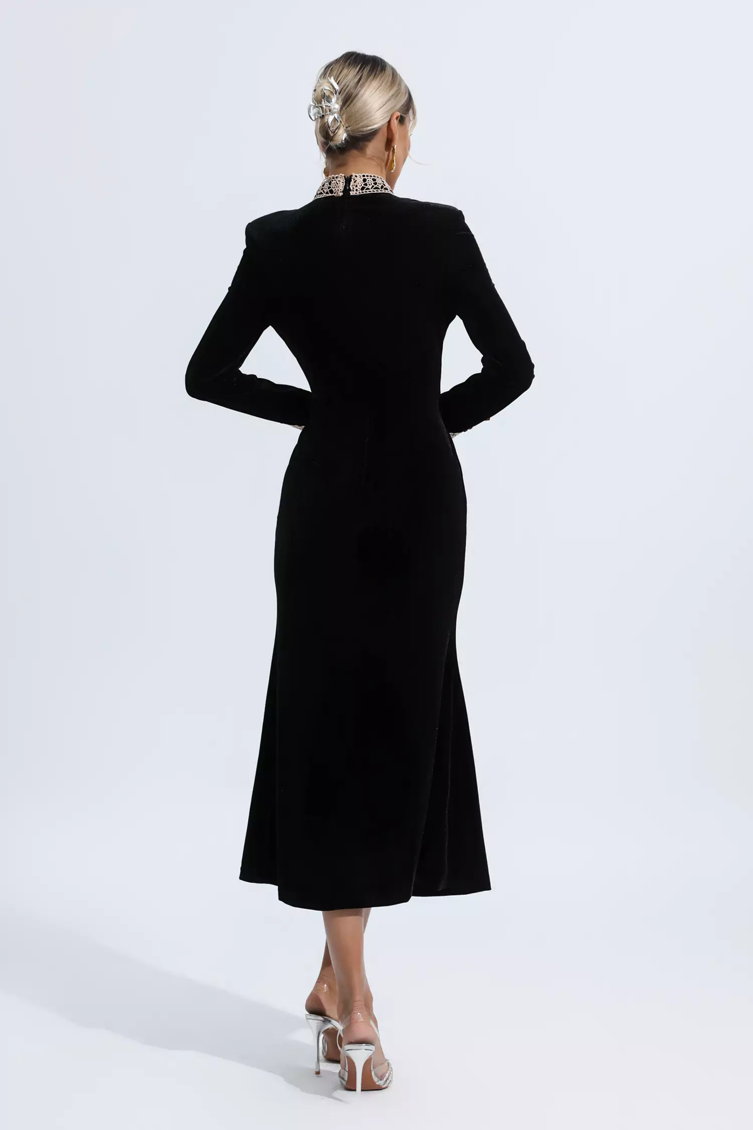 Melany Black Velvet Long Sleeve Dress-CATCHALL