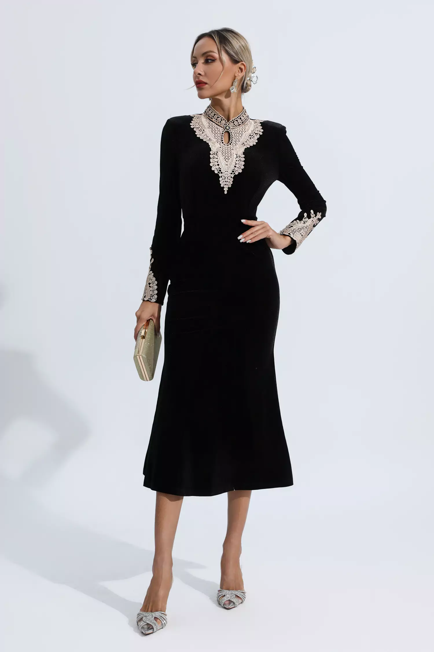 Melany Black Velvet Long Sleeve Dress-CATCHALL