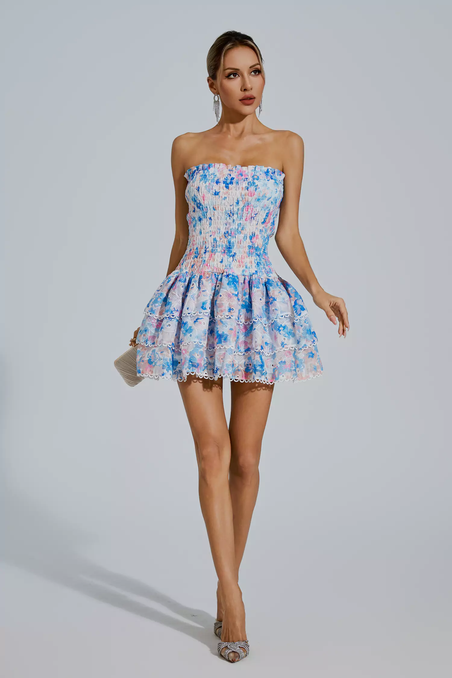 Mercy Blue Floral Ruched Mini Dress-CATCHALL