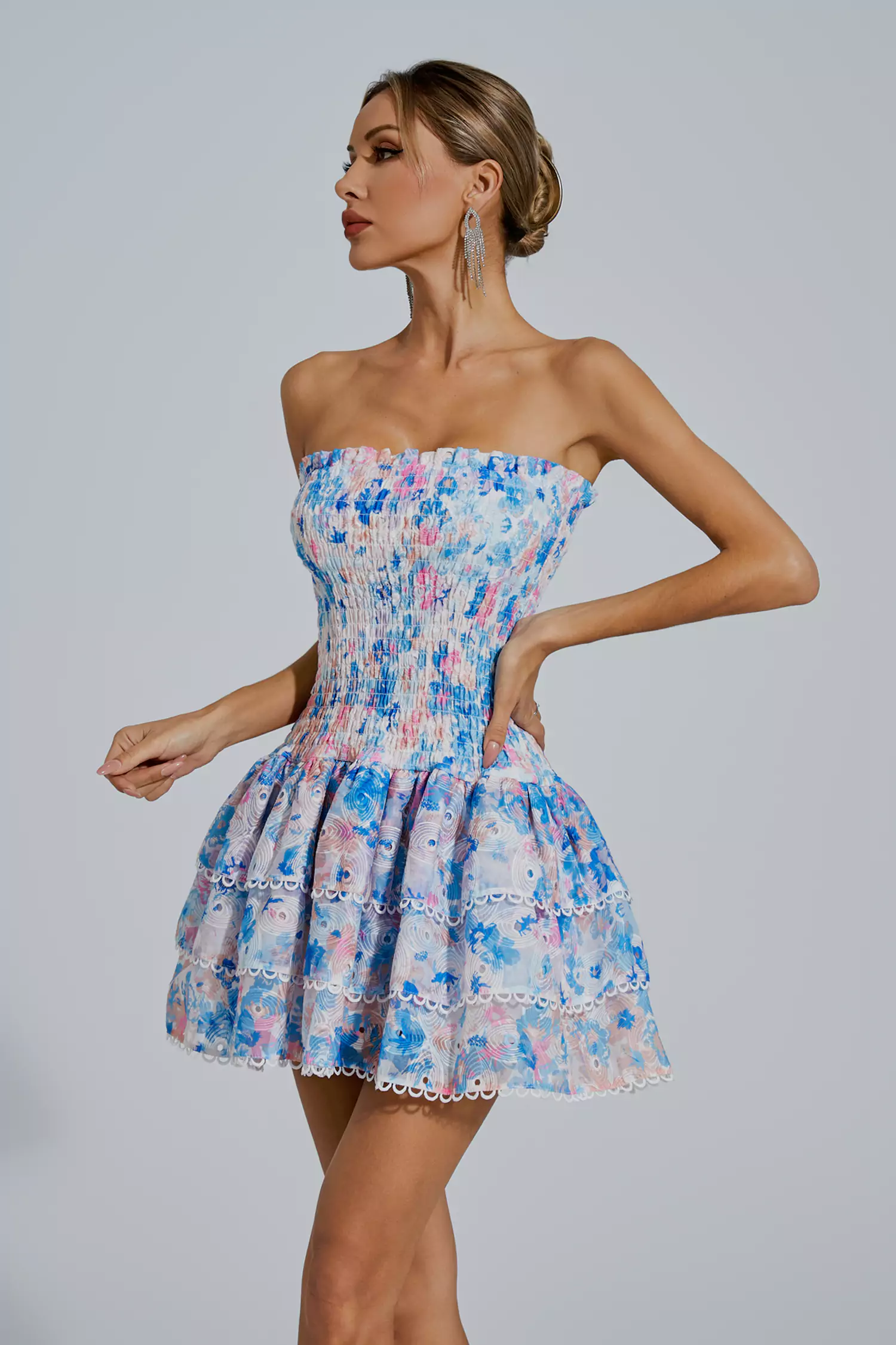 Mercy Blue Floral Ruched Mini Dress-CATCHALL