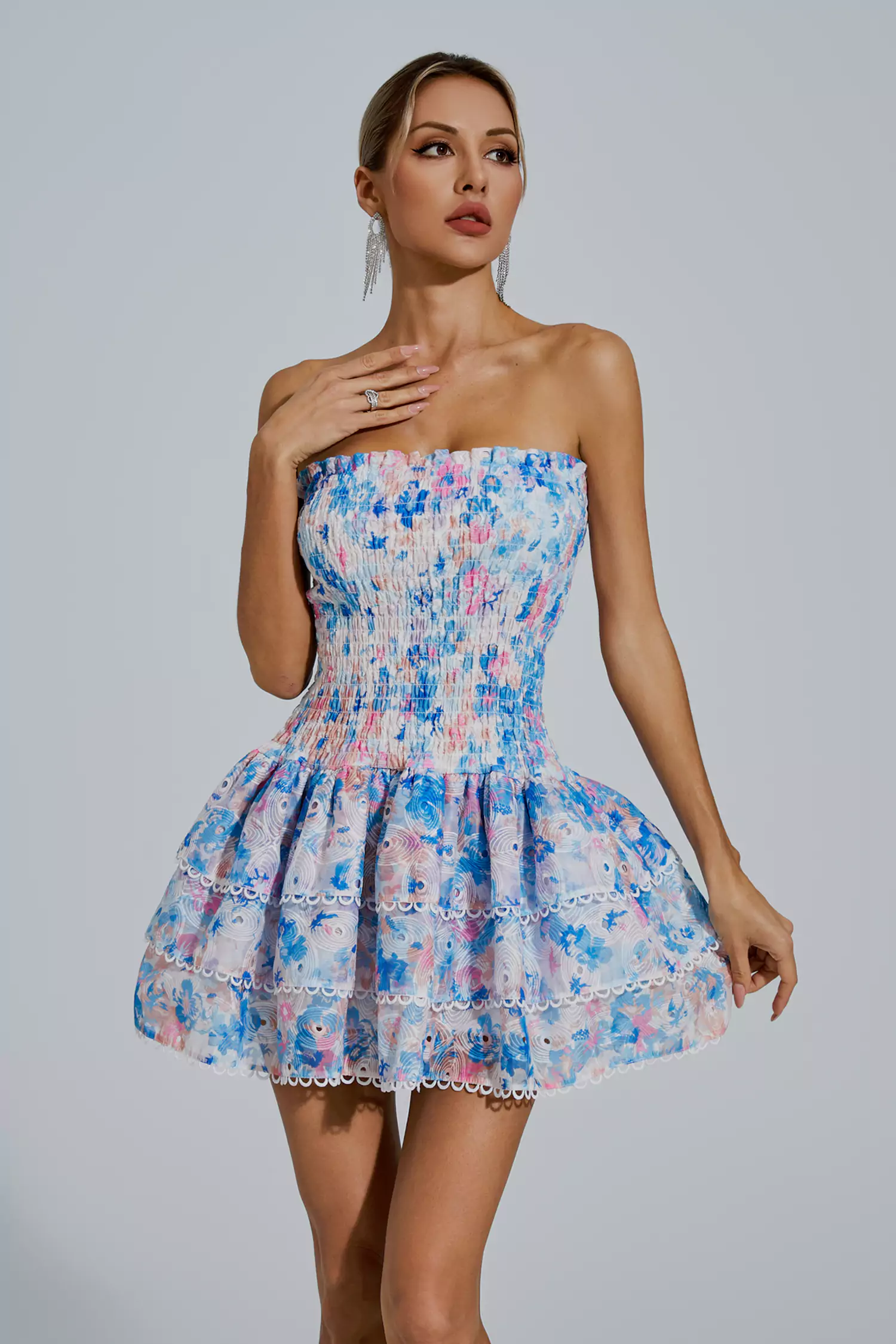 Mercy Blue Floral Ruched Mini Dress-CATCHALL