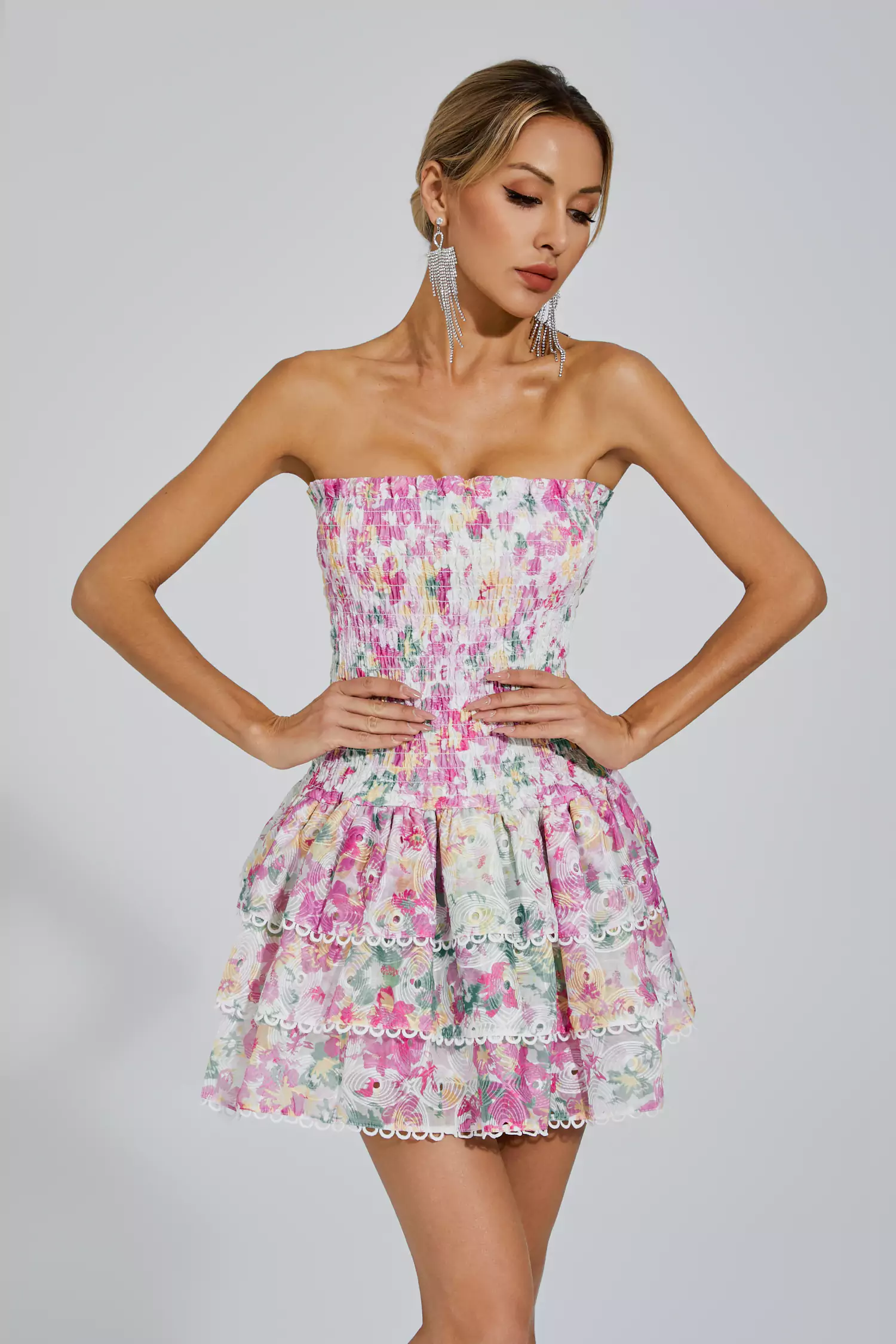 Mercy White Floral Ruched Mini Dress-CATCHALL