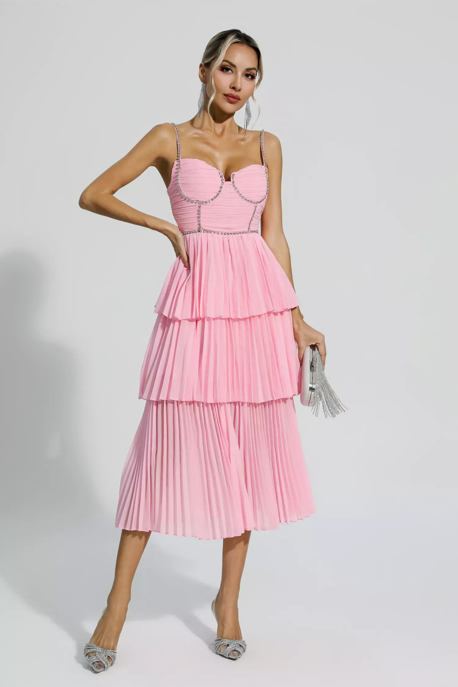 Meredith Pink Diamond Ruched Midi Dress-CATCHALL