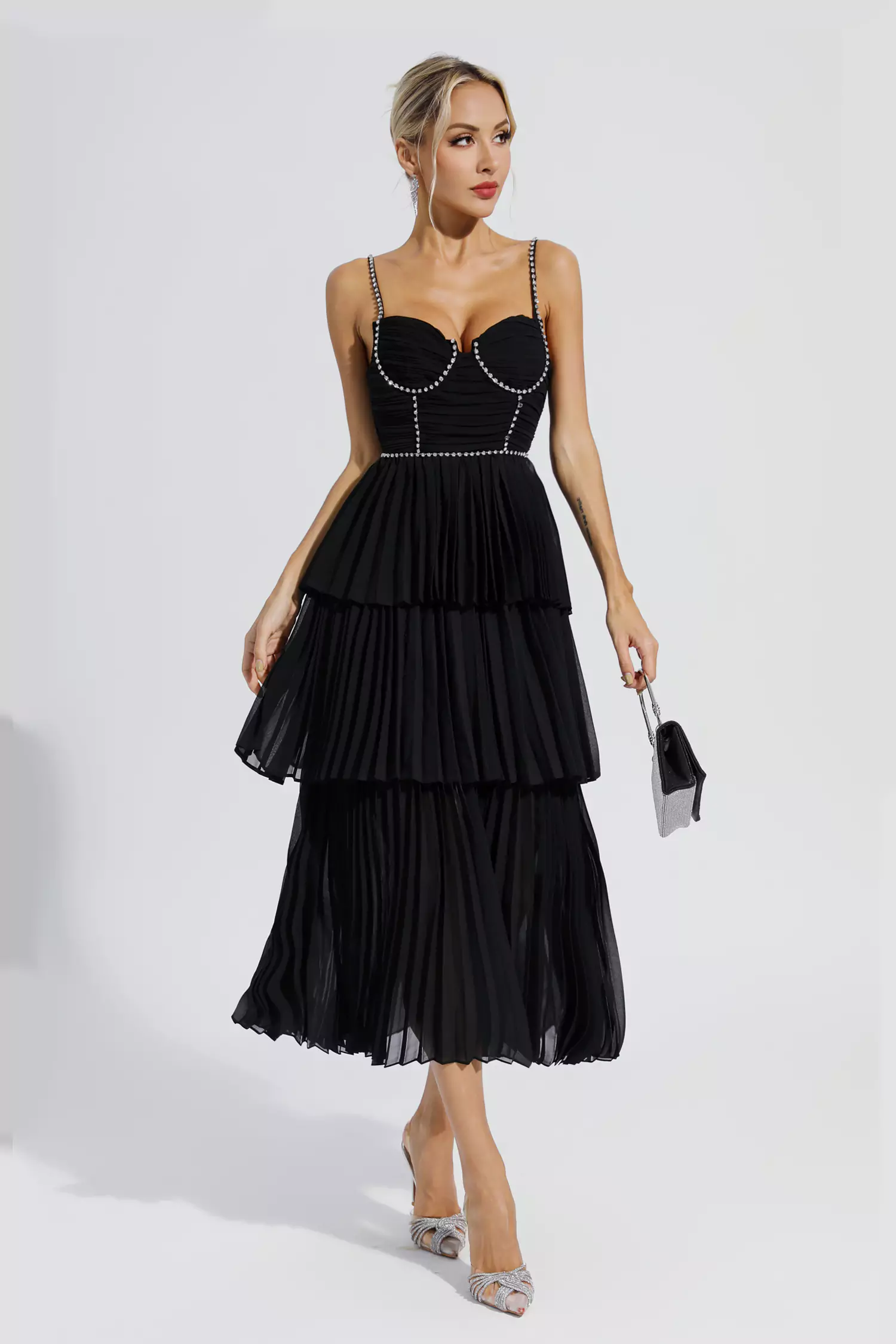 Meredith Black Diamond Ruched Midi Dress-CATCHALL