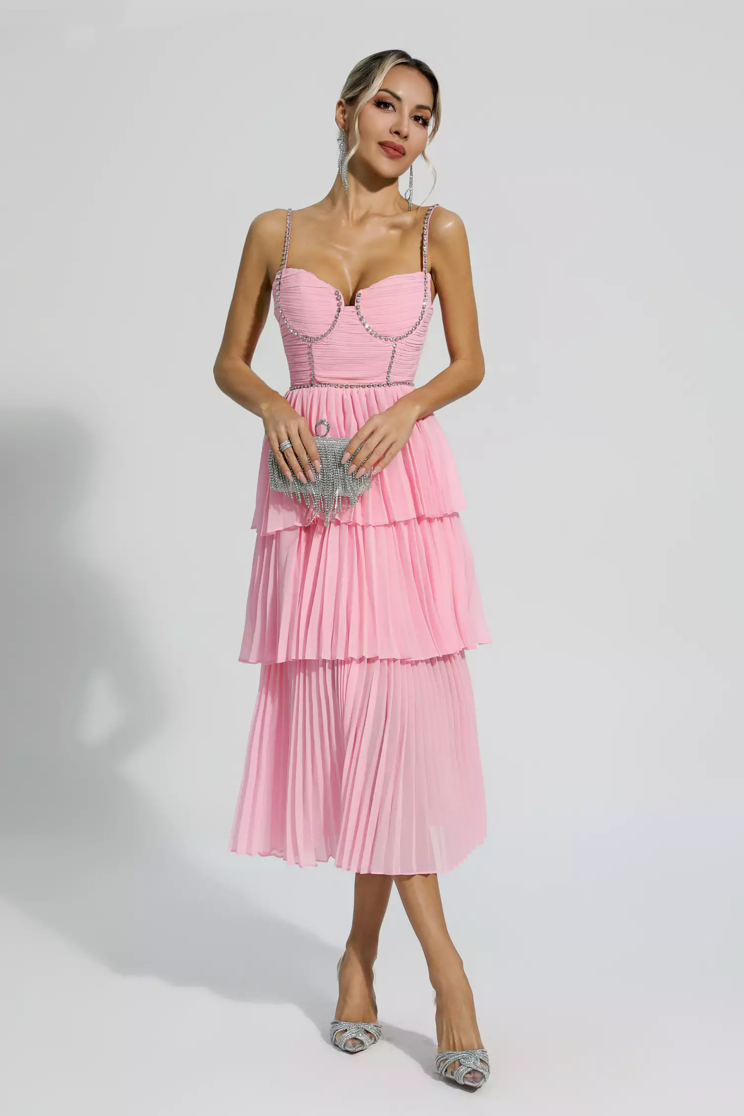 Meredith Pink Diamond Ruched Midi Dress-CATCHALL