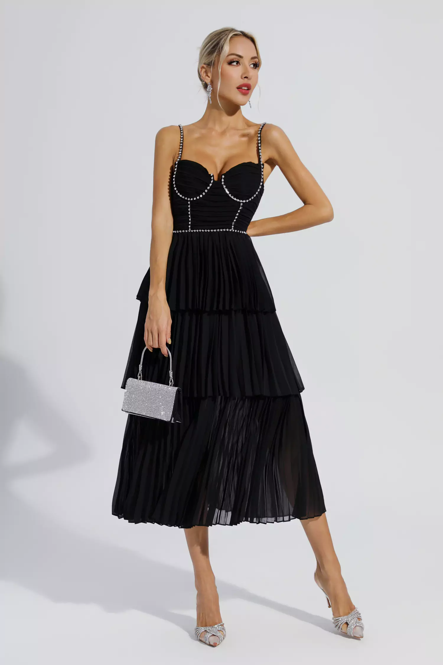 Meredith Black Diamond Ruched Midi Dress-CATCHALL