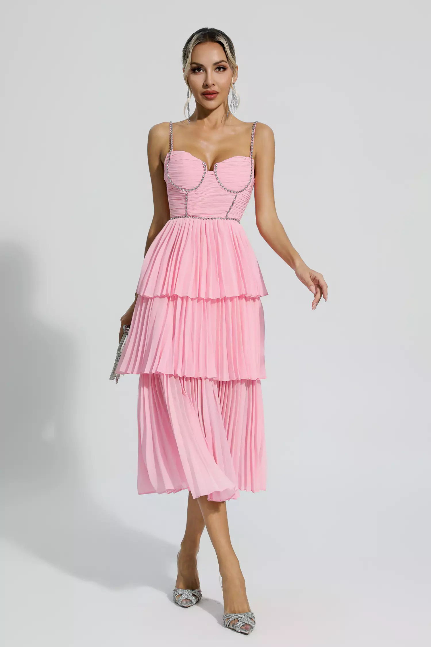 Meredith Pink Diamond Ruched Midi Dress-CATCHALL