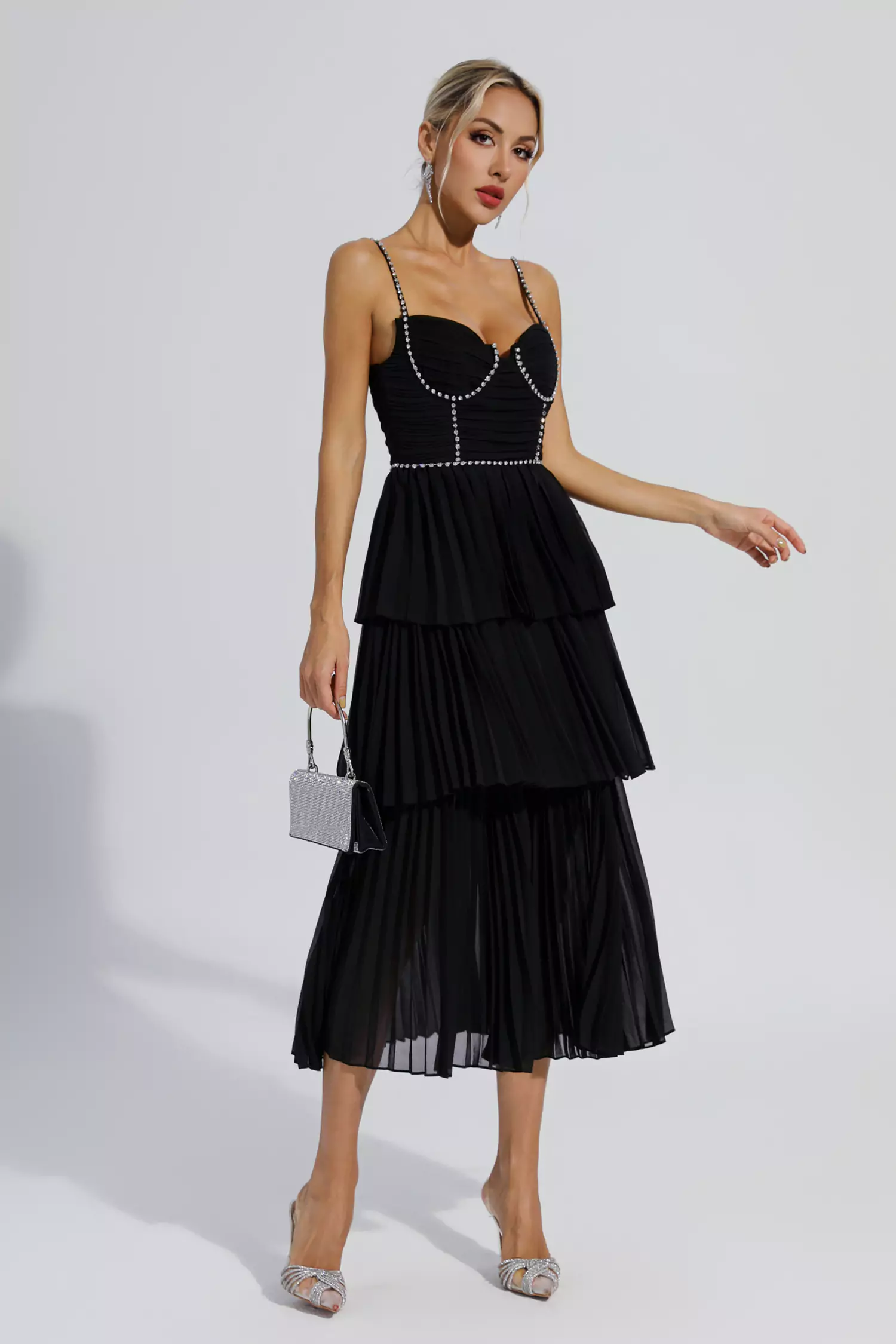 Meredith Black Diamond Ruched Midi Dress-CATCHALL