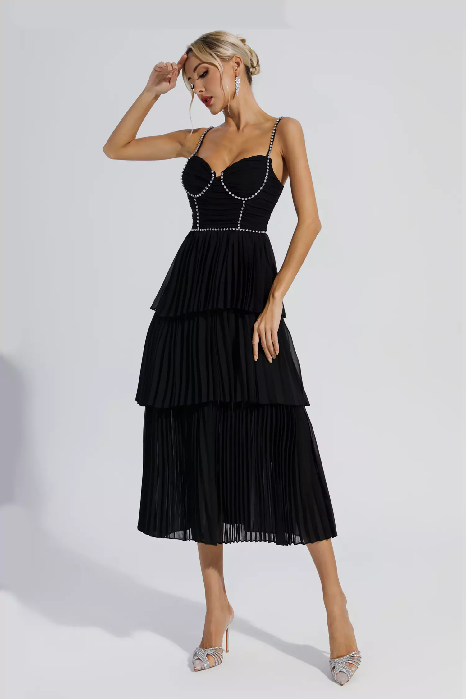 Meredith Black Diamond Ruched Midi Dress-CATCHALL