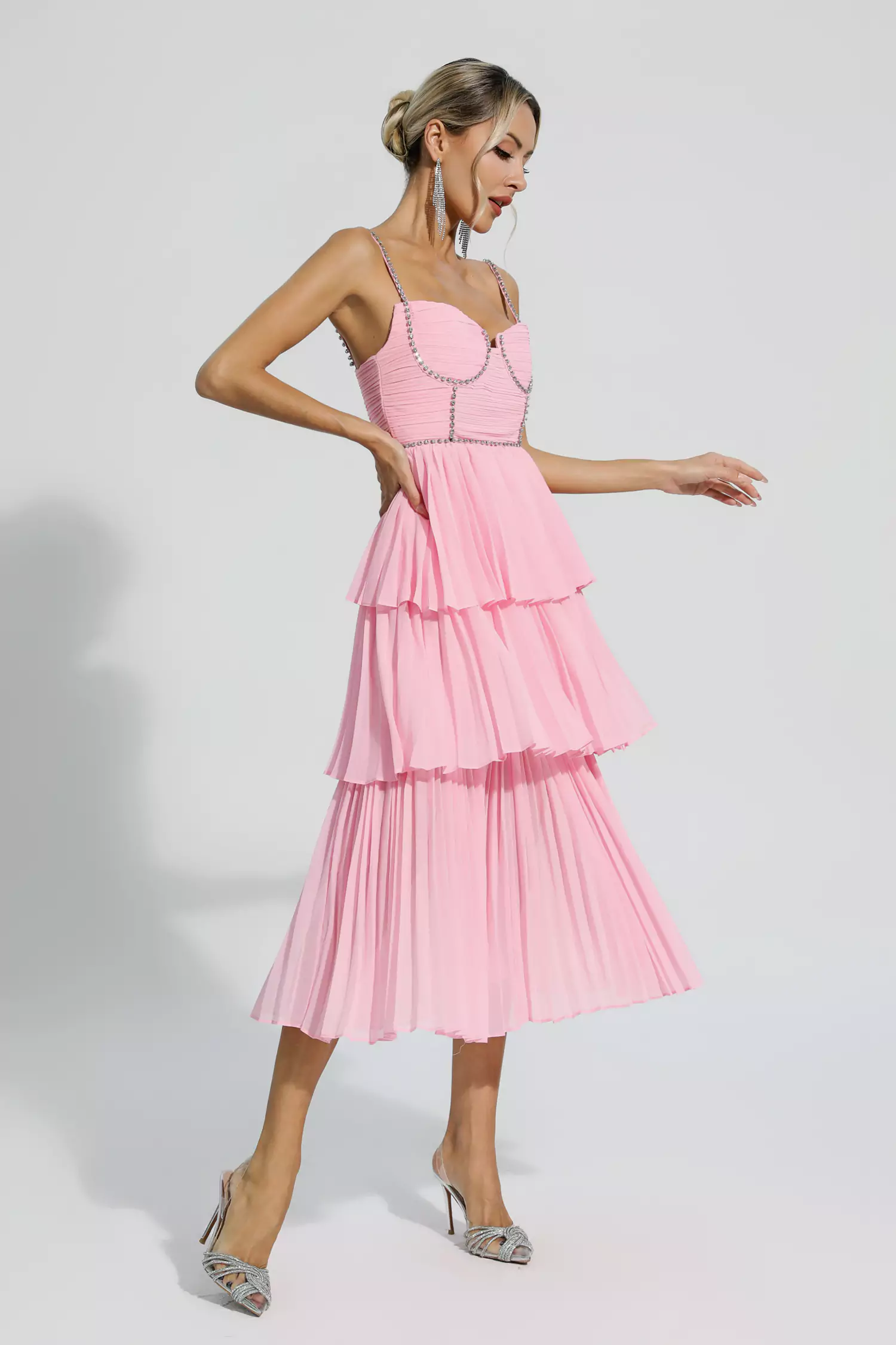 Meredith Pink Diamond Ruched Midi Dress-CATCHALL