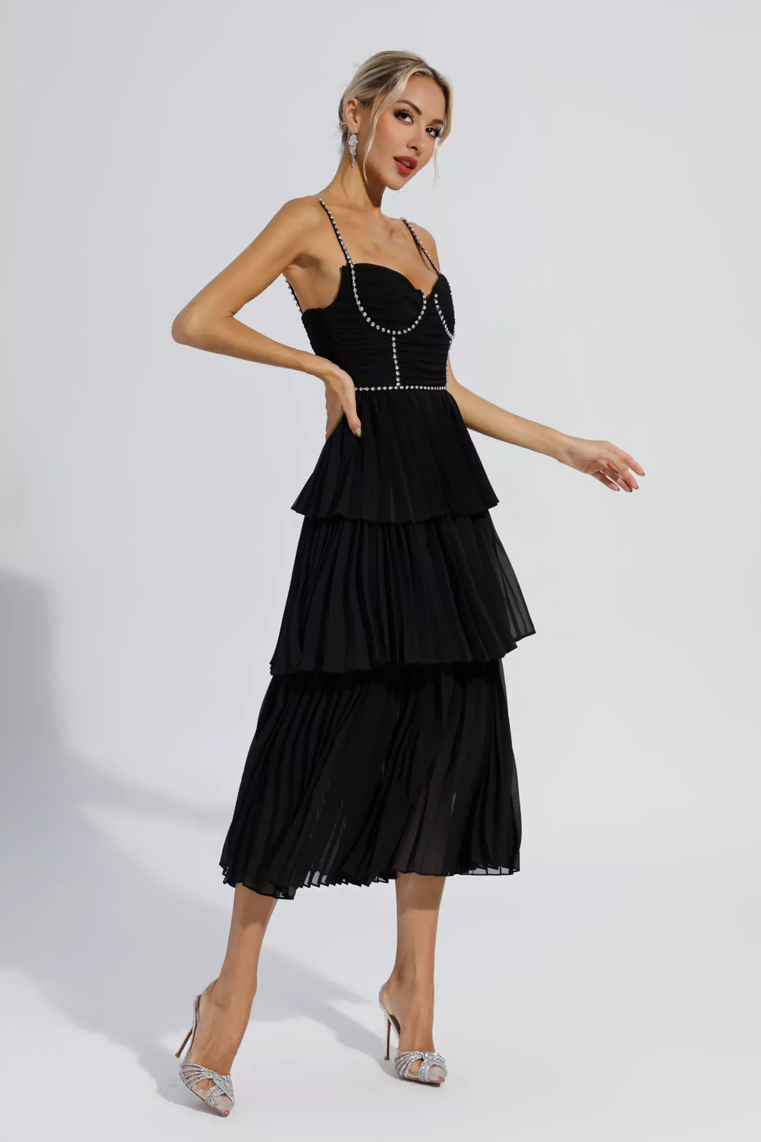 Meredith Black Diamond Ruched Midi Dress-CATCHALL