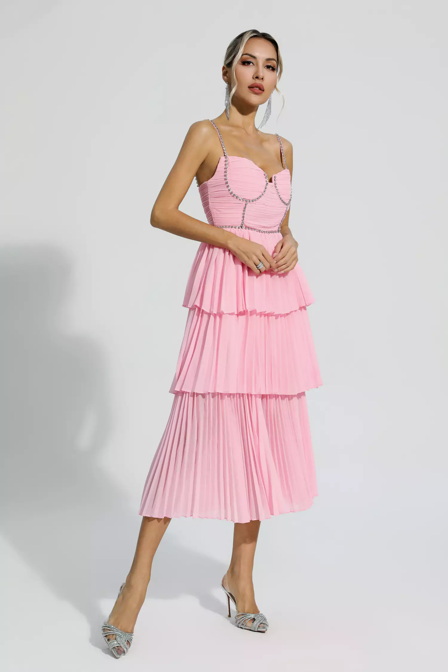 Meredith Pink Diamond Ruched Midi Dress-CATCHALL