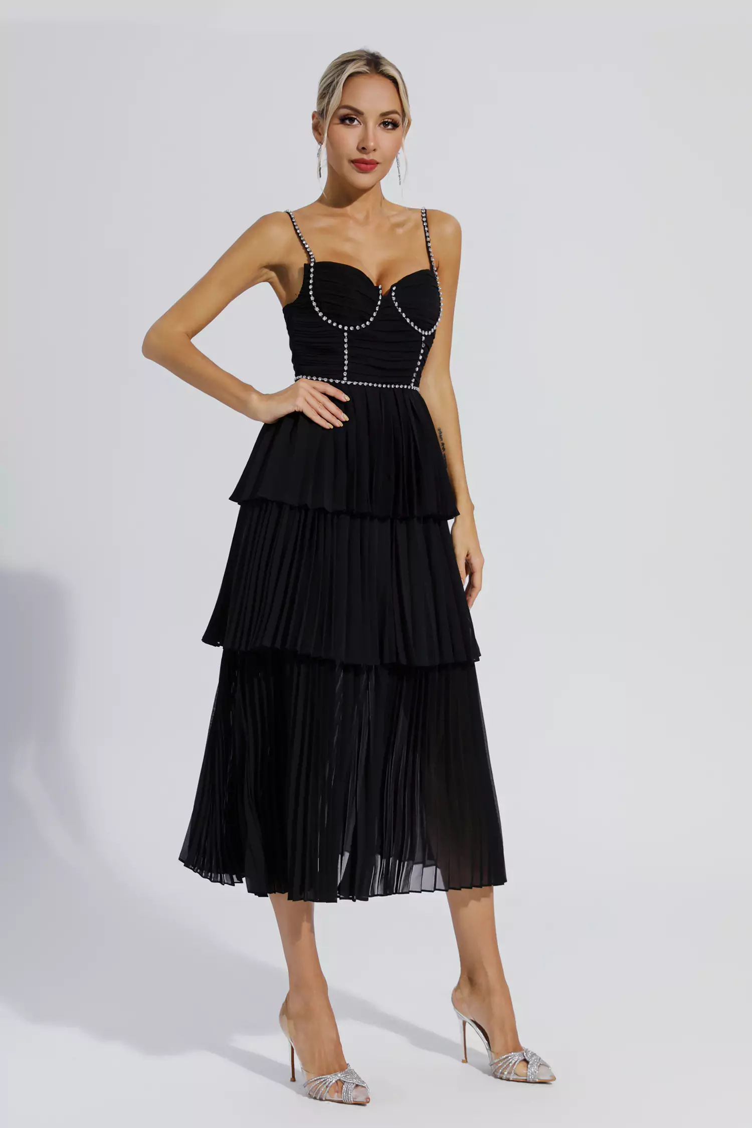 Meredith Black Diamond Ruched Midi Dress-CATCHALL